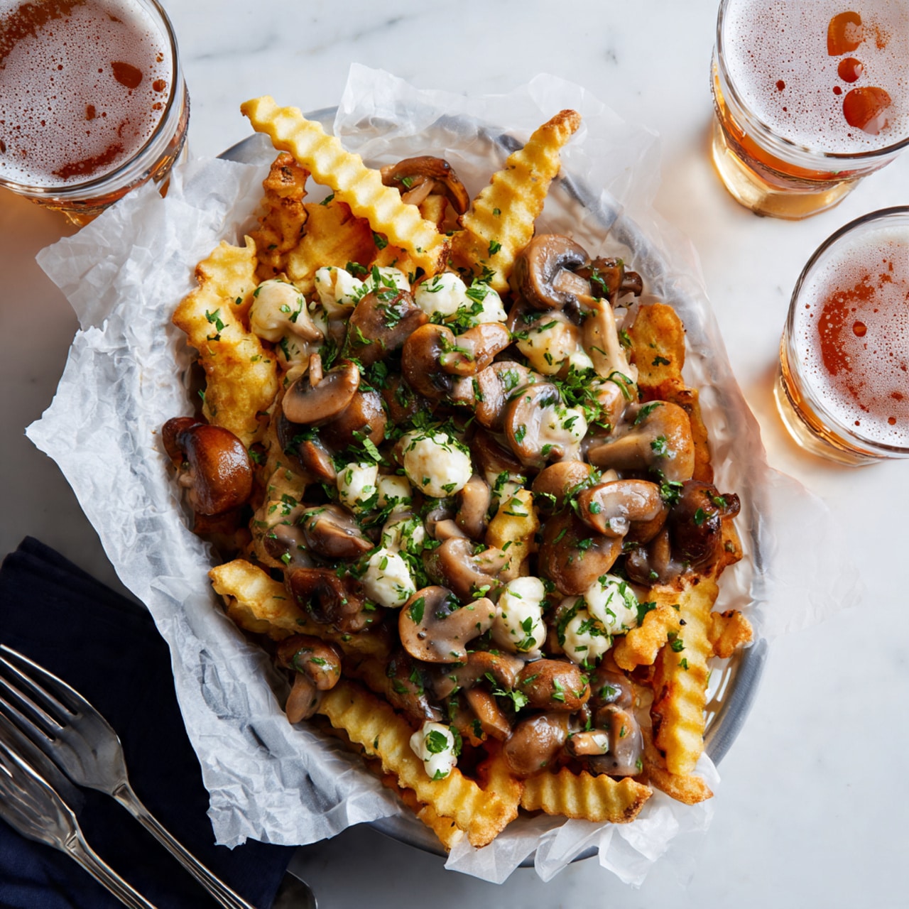 A red basket lined with crumpled white paper holds a serving of thin, golden French fries as the base layer. On top, there are chunks of white cheese curds scattered unevenly. A gray ladle is pouring brown mushroom gravy filled with sliced mushrooms and small herb pieces over the fries and cheese. The whole scene is set on a white marbled surface. photo taken with an iphone --ar 4:5 --v 7