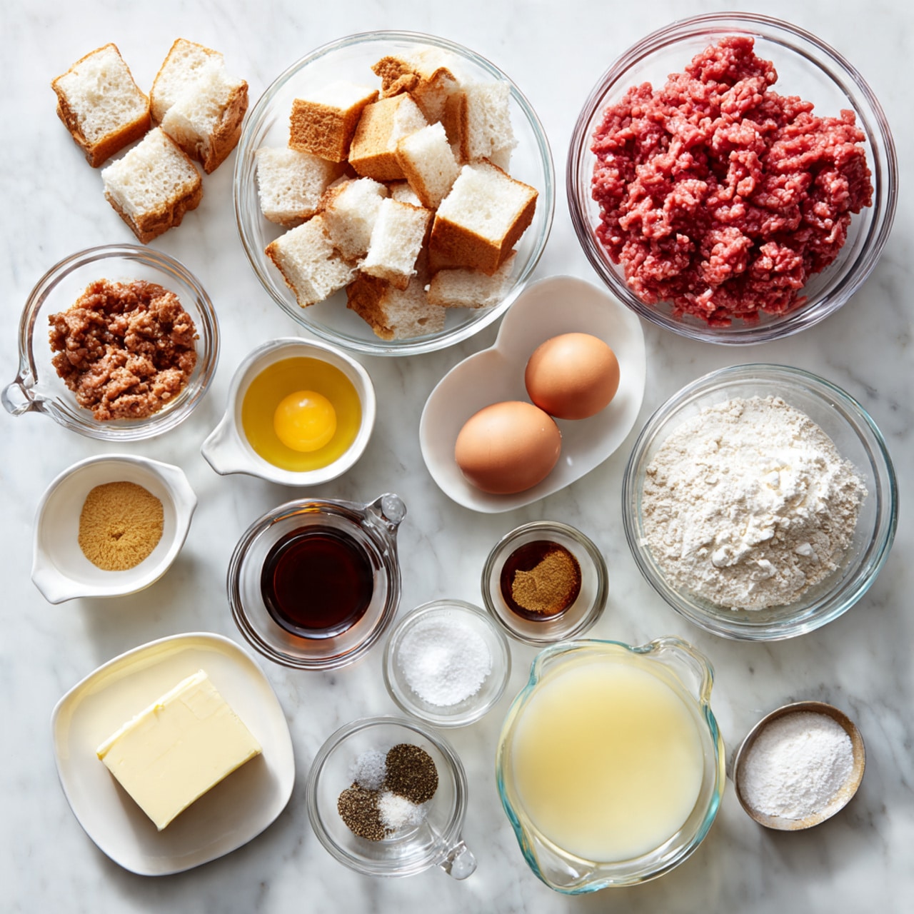 The image shows various clear glass bowls and measuring cups arranged neatly on a white marbled texture. There are two large bowls with raw ground red and pink meat, one bowl with white bread cubes, and another with two raw eggs. Nearby are smaller bowls holding brown sugar, chopped garlic, black pepper, and a dark liquid that looks like soy sauce. There are also three measuring cups containing liquids of light yellow, creamy white, and off-white colors. A small bowl holds a square of butter, and other small bowls contain white powder and salt. The items are spread evenly on the surface, looking clean and organized. photo taken with an iphone --ar 4:5 --v 7