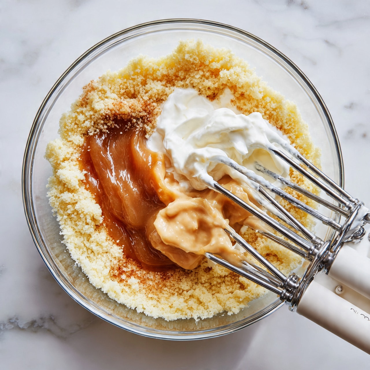 A clear glass bowl sits on a white marbled surface filled with three visible layers of ingredients: a pale yellow crumbly dough base, a smooth light brown mashed banana layer in the center, and a dollop of white whipped ingredient on top. To the right side inside the bowl, two metal beaters from a white electric mixer rest partially submerged in the mixture. The beaters and mixer show slight smudges of the pale dough. The scene focuses closely on the bowl and mixer, highlighting the texture of each ingredient. Photo taken with an iphone --ar 4:5 --v 7