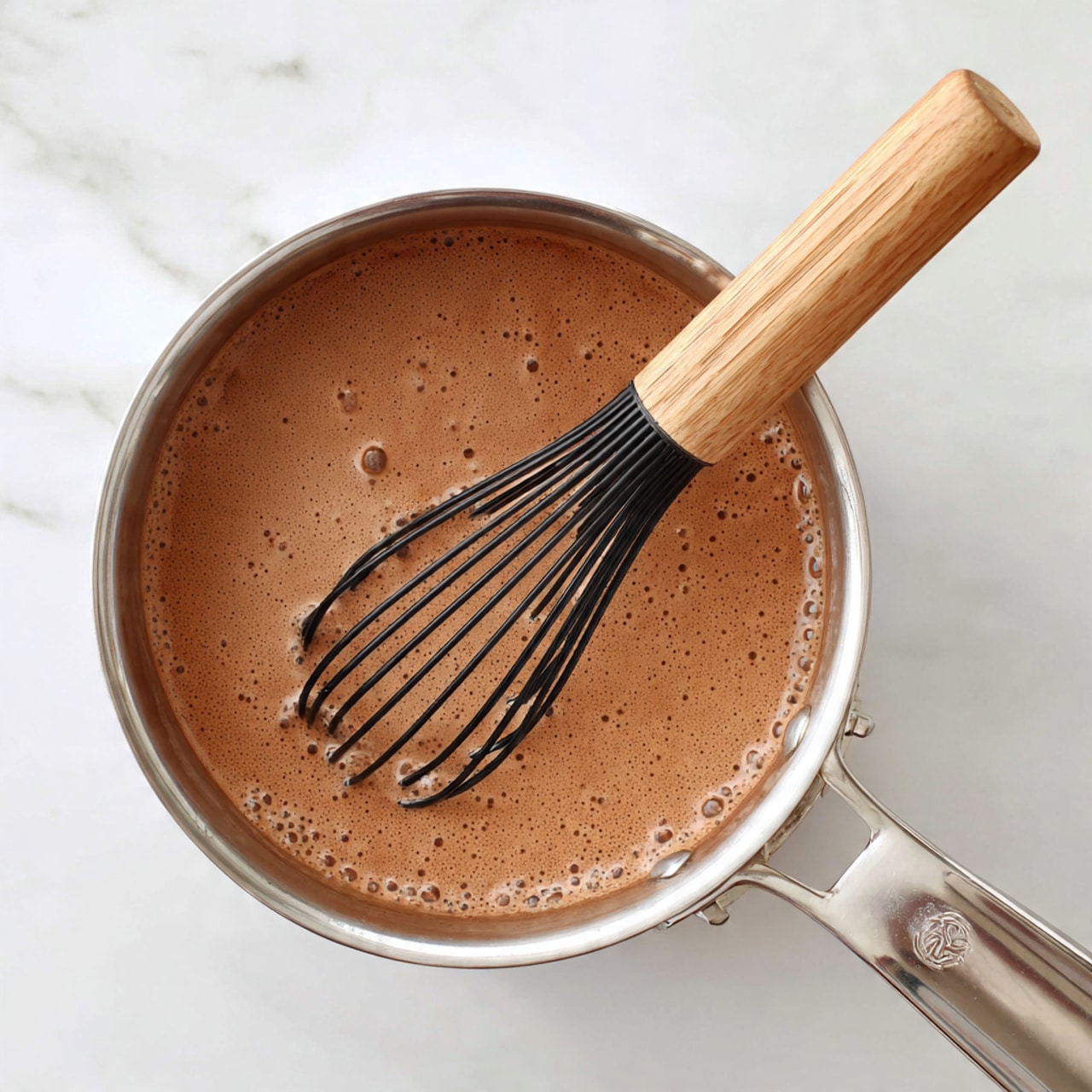 A silver pot is filled with a smooth and light brown liquid that looks like hot chocolate or cocoa, with small bubbles scattered on the surface. A whisk with black wires and a wooden handle rests inside the pot, partially submerged in the liquid. The pot is sitting on a white marbled surface, showing a clean and bright background. Photo taken with an iphone --ar 4:5 --v 7