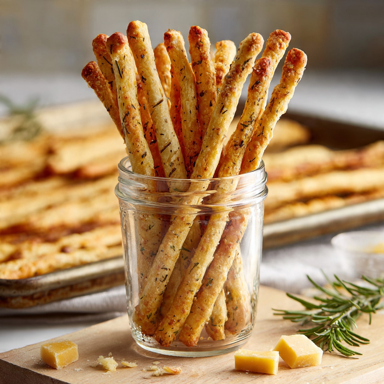A clear glass jar filled with multiple thin, crispy breadsticks standing upright, showing a mix of golden brown shades with some darker spots from baking, is placed on a light wooden surface with small pieces of yellow cheese and green rosemary sprigs around it. In the background, more breadsticks are arranged on a silver baking tray. The scene is simple with soft natural lighting highlighting the texture and color of the breadsticks. Photo taken with an iphone --ar 4:5 --v 7