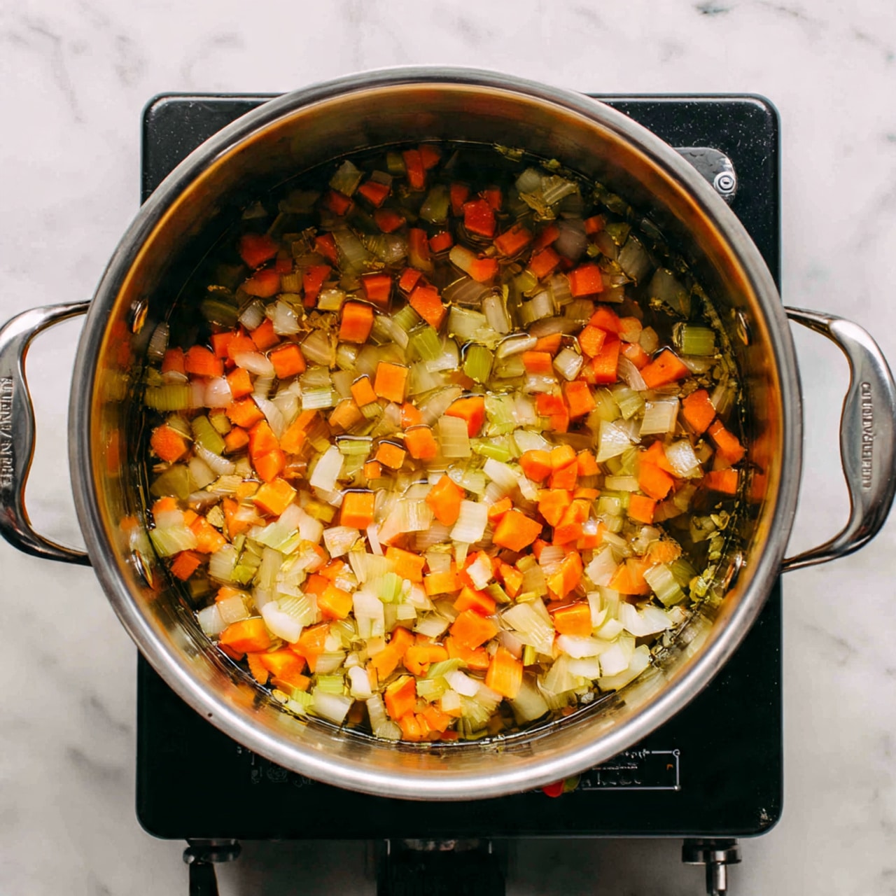A silver pot filled with diced vegetables cooking on a black stove. The vegetables are mainly small pieces of orange carrots, white onions, and light green celery, mixed together. The pot is shiny with two small handles on each side, and the background shows a white marbled surface. The vegetables look soft and slightly cooked, sitting in a thin layer of liquid at the bottom of the pot. photo taken with an iphone --ar 4:5 --v 7