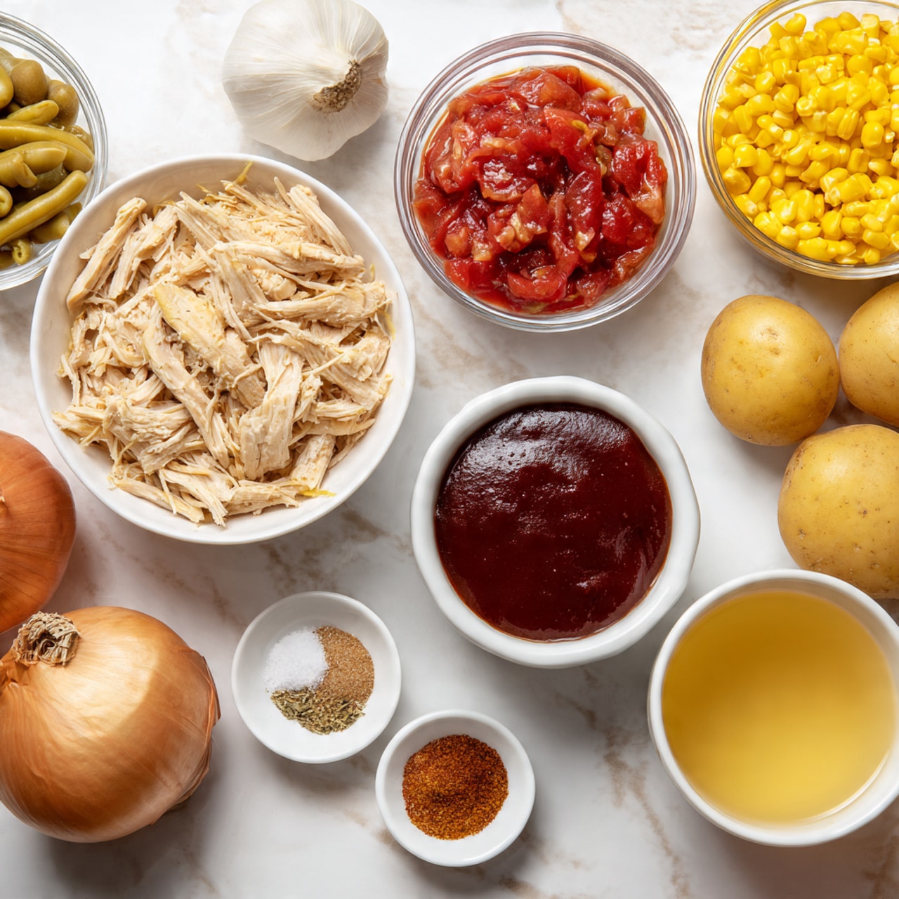 A white bowl filled with shredded light beige cooked chicken sits at the bottom left on a white marbled surface. To its right, there is a smaller white bowl containing deep reddish-brown barbecue sauce. Above this is a clear plastic container with light green lima beans, and above that another clear container with yellow corn kernels. Next to the lima beans is a white bowl with chunky red tomatoes in juice. On the far right are five small light brown potatoes with smooth skins. A small white bowl near the potatoes holds three small piles of powder spices: brown chili powder, off-white garlic powder, and black pepper. Nearby is a round white bowl with a small amount of bright red tomato paste. To the left near the tomatoes are a whole light brown onion and a bulb of white garlic. At the bottom right corner, a transparent container with pale yellow broth completes the setup. All items rest on a white marbled surface. Photo taken with an iphone --ar 4:5 --v 7