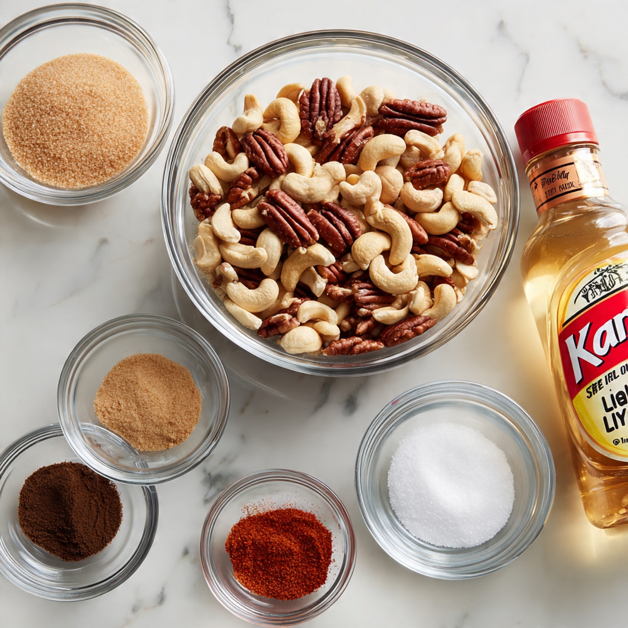 The image shows several small clear glass bowls and a glass bowl on a white marbled surface. In the large clear glass bowl at the center, there is a mix of nuts, mainly light beige cashews and darker brown pecans, filling the bowl fully. To the left of this bowl, there is a smaller clear glass bowl filled with light brown soft brown sugar. Below this, there are three tiny clear glass bowls in a row, each holding a different powdered spice: dark brown cinnamon on the left, a medium brown spice in the middle, and light tan ground ginger on the right. To the right of the large bowl, a clear glass bowl with white salt is placed next to a bottle of clear liquid labeled Karo Light Corn Syrup with a red label and a copper-colored cap. In front of the salt bowl, a small clear glass bowl contains a reddish-orange spice, possibly paprika or cayenne pepper. The whole scene sits on a bright white marbled surface. photo taken with an iphone --ar 4:5 --v 7