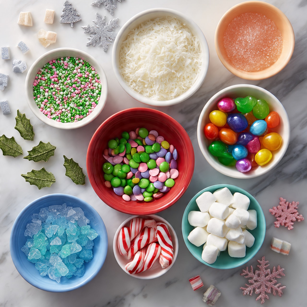 The image shows seven white bowls arranged on a white marbled surface, each with different colorful candy toppings. Starting from the top left, there is a small bowl with mixed green, white, pink, and silver sprinkles shaped like trees and stars. Below it, a larger bowl filled with white shredded coconut. Next to that, a red bowl filled with multi-colored gumdrops in green, yellow, orange, purple, and red coated in sugar crystals. Above it, a peach bowl is filled with shiny, round, multi-colored candy-coated chocolates. Below the gumdrops, a turquoise bowl with white-and-red-striped peppermint candies. To the right of the peppermint bowl, a pink bowl with many small white marshmallows. At the bottom left, a blue bowl with green holly leaf candies and blue snowflake candies with white centers. Scattered around the bowls are small marshmallows, candy canes, a small holly leaf candy, some shredded coconut, and a piping bag with white frosting. Photo taken with an iphone --ar 4:5 --v 7