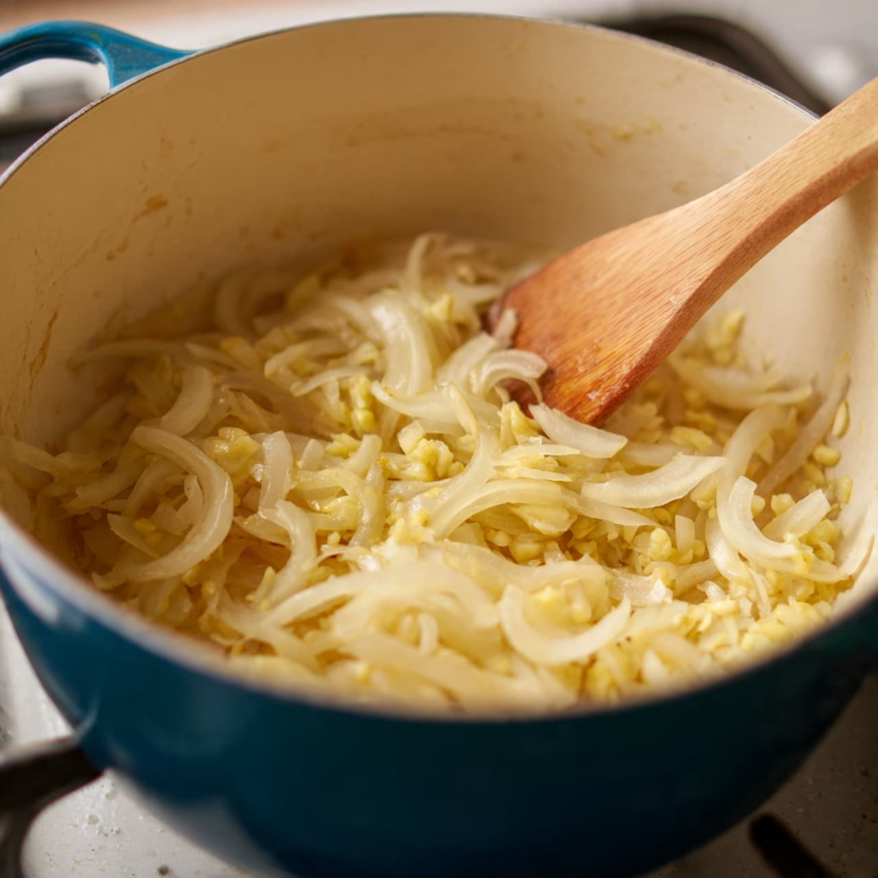 A close-up view of a white pot with a glossy blue outer surface, sitting on a stove with a white marbled surface. Inside the pot, there is a layer of lightly cooked thinly sliced onions mixed with small pieces of yellow garlic, showing a soft, slightly shiny texture. A wooden spoon with a light natural wood color and visible grain rests inside the pot, partly pushed into the onion and garlic mix on one side. The image focuses on the cooking process with warm tones from the mixing ingredients. Photo taken with an iphone --ar 4:5 --v 7