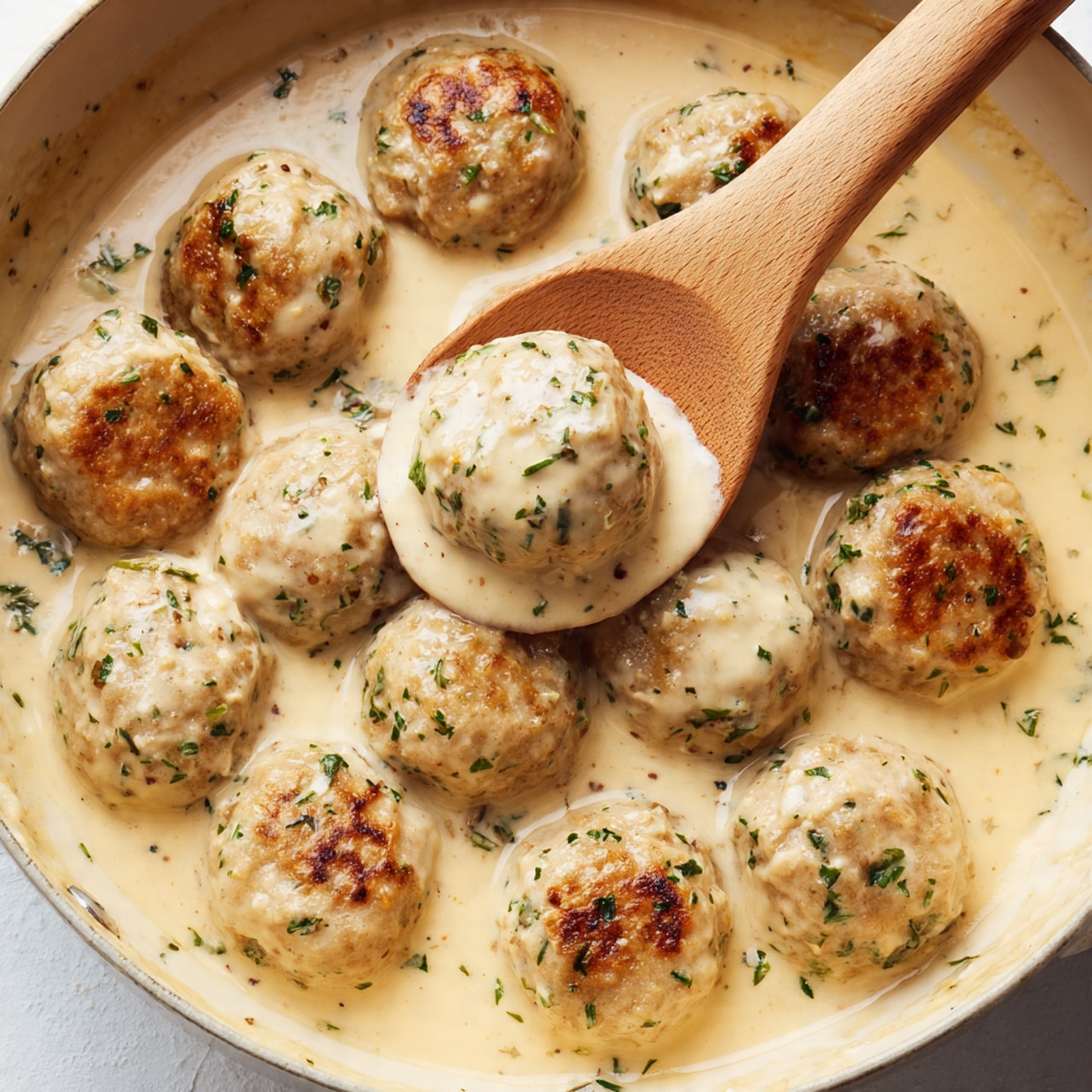 The dish shows a white plate filled with a thick layer of creamy mashed potatoes with a smooth texture. On top, there are five round meatballs coated in a light brown sauce with a slightly shiny look; one meatball is broken open, showing a soft, slightly crumbly inside with bits of green herbs. Small green herb pieces are sprinkled on the meatballs and sauce, adding color contrast. A silver spoon rests on the left side of the plate, sitting on the mashed potatoes. The setting uses a dark wooden table and a white marbled texture in the background. photo taken with an iphone --ar 4:5 --v 7
