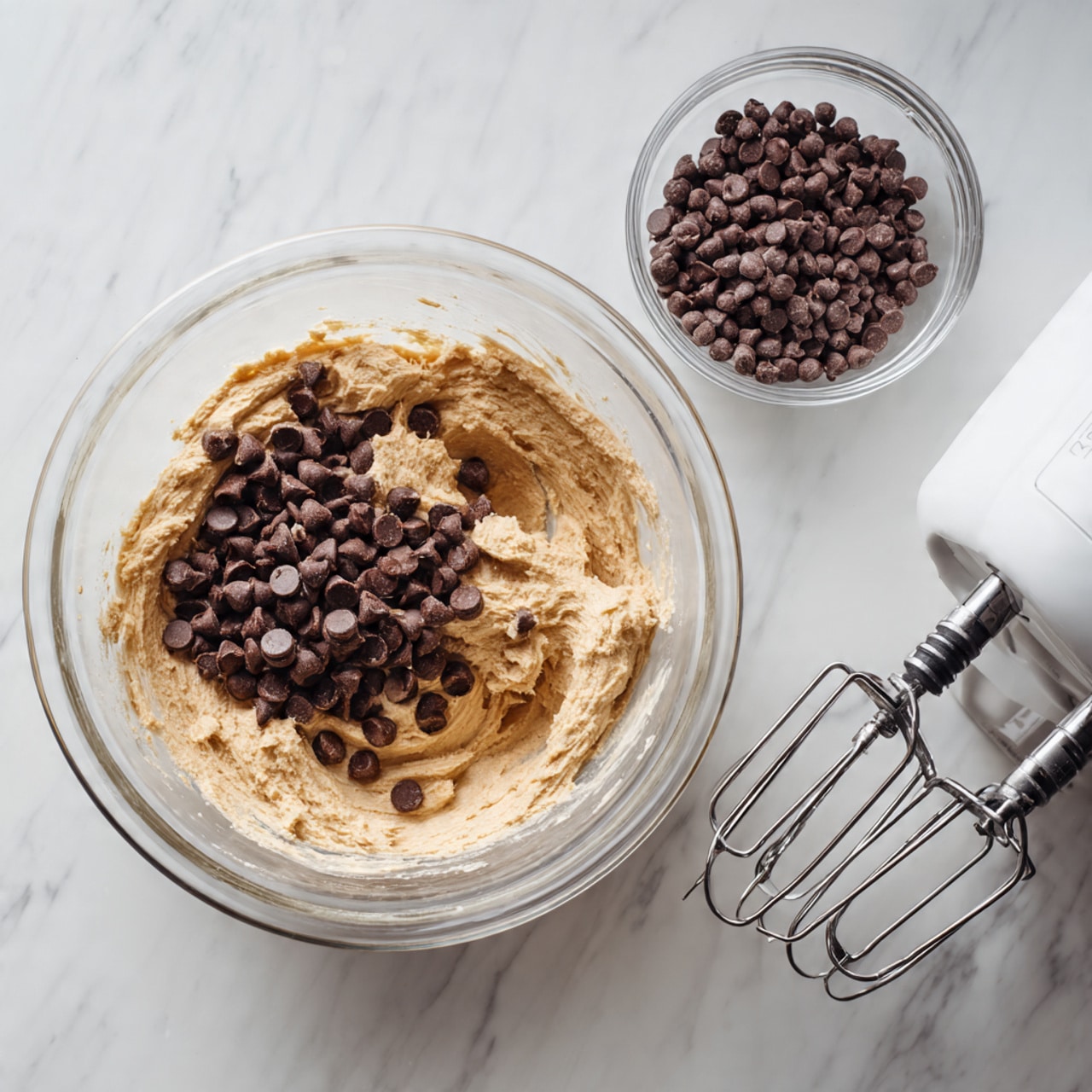 A clear glass bowl sits on a white marbled surface, filled with light brown chocolate batter mixed with dark chocolate chips piled in the center. Two metal beaters from a white electric mixer are partially embedded in the thick batter on the right side of the bowl. Next to the bowl is a small clear glass dish filled with more dark chocolate chips. The scene is simple and clean with the focus on the bowl of batter and chocolate chips photo taken with an iphone --ar 4:5 --v 7