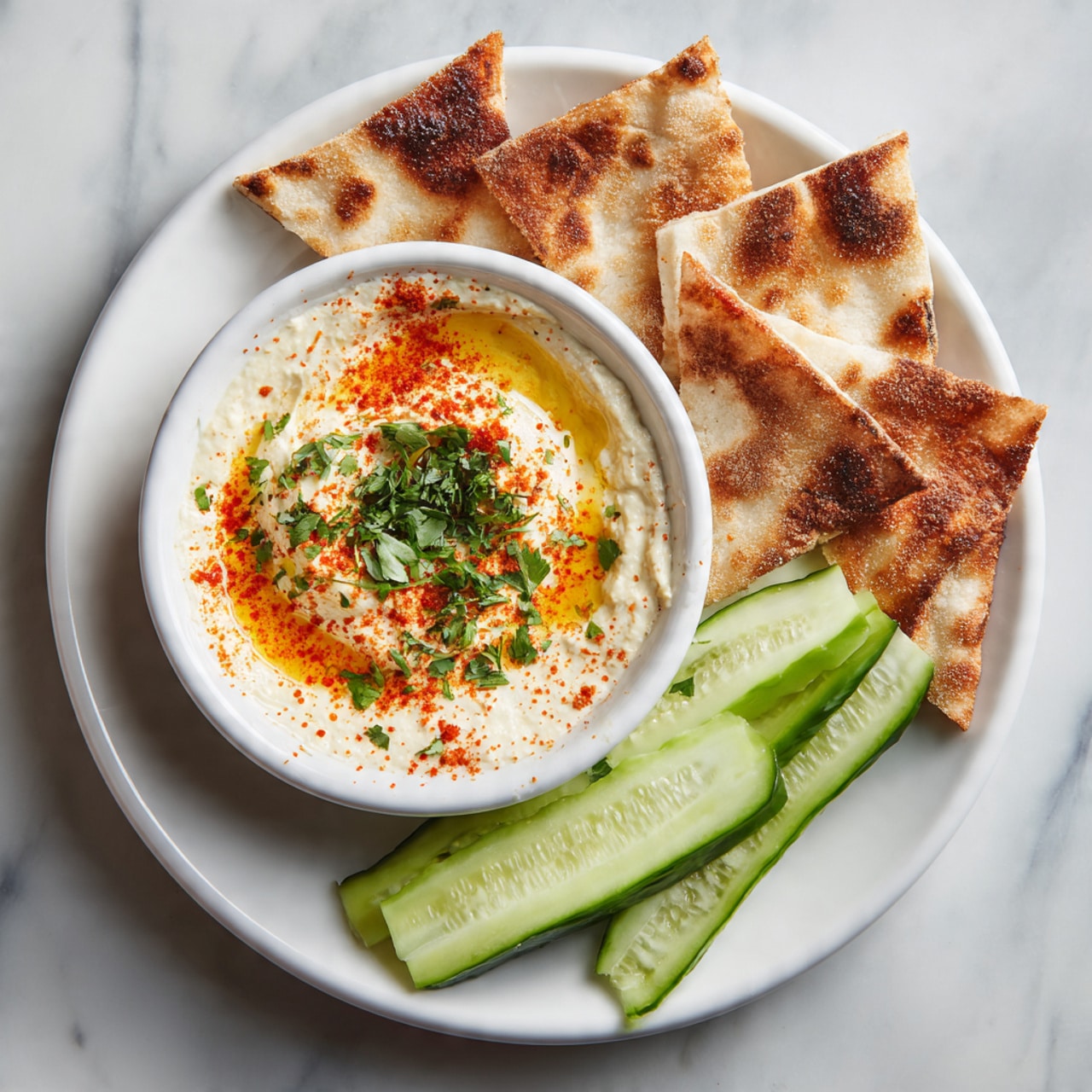 A white plate with a small round bowl in the center filled with light beige creamy dip topped with golden olive oil, bright red paprika sprinkled evenly, and fresh green chopped herbs. Around the bowl, there are six pieces of toasted flatbread with golden-brown spots, arranged in a circular pattern. In the lower part of the plate, there are several thick slices of fresh cucumber, light green with a darker green rind. The plate is set on a white marbled surface. photo taken with an iphone --ar 4:5 --v 7
