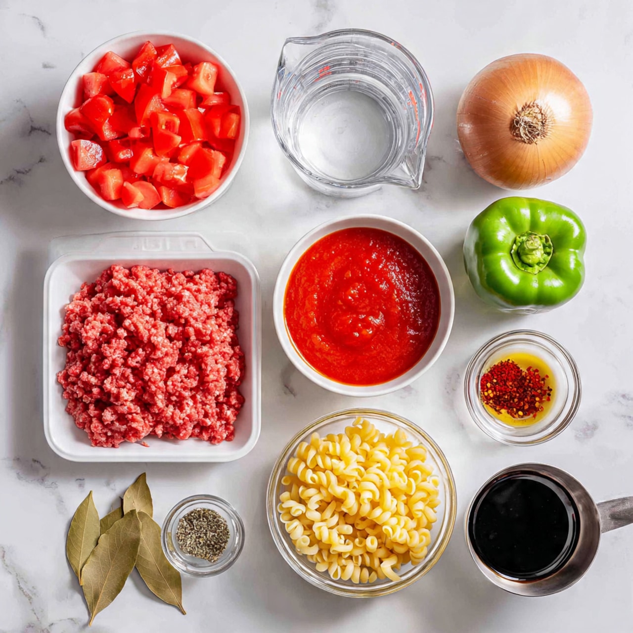 The image shows a flat lay of cooking ingredients on a white marbled surface. Starting from the top left, there is a white bowl filled with bright red diced tomatoes in juice. Next to it is a clear glass measuring cup with water, followed by a whole round brown onion and two green bell peppers side by side. Below the diced tomatoes is a white tray with raw ground meat, with a white bowl of thick red tomato sauce right next to it. Below the onion are two dried bay leaves and a whole garlic bulb. To their right, there is a small clear bowl with dark soy sauce and another small clear bowl with mixed dried herbs and red chili flakes. Below these, a stainless steel measuring cup holds uncooked elbow macaroni, and at the bottom right there is a small metal cup filled with dark balsamic vinegar. Photo taken with an iphone --ar 4:5 --v 7