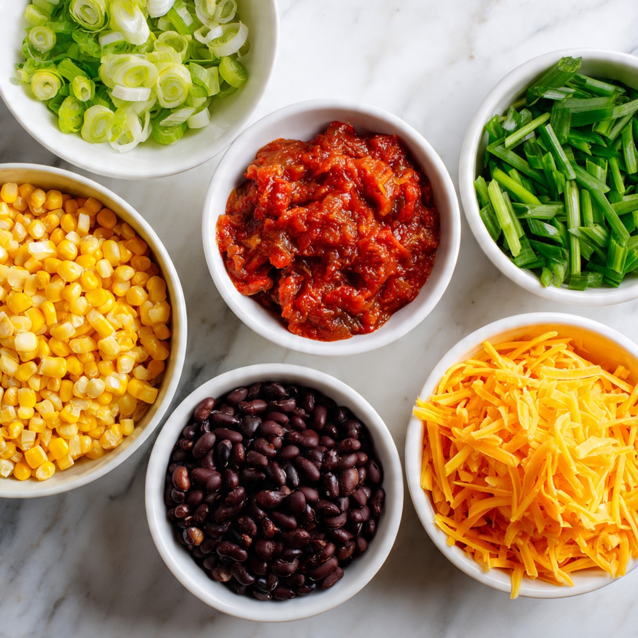 The image shows five white bowls on a white marbled surface, each filled with different ingredients. One bowl contains bright yellow corn kernels filling it up, while another holds fresh green sliced scallions. A third bowl is filled with chunky red salsa. The next bowl has small black beans that shine with moisture, and the last bowl contains a pile of shredded orange cheddar cheese. All bowls are arranged neatly with no overlap, with a simple and clean look. Photo taken with an iphone --ar 4:5 --v 7