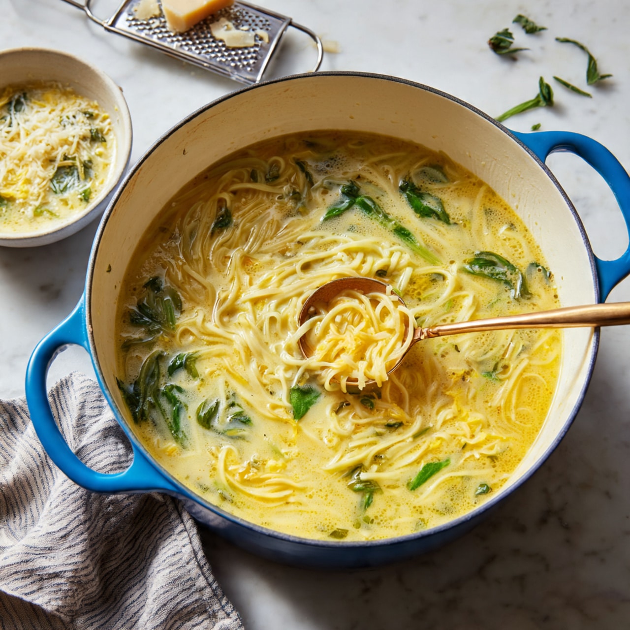A large blue pot with white inside is filled with a light yellow soup that has small, soft egg strands and bright green leafy pieces scattered throughout. A golden ladle is partially submerged in the soup, lifting a portion to show the mix of egg and greens. On the white marbled surface around the pot, there is a small bowl filled with the same soup, some grated cheese, a cheese grater, and a few loose green herb pieces, adding texture and color to the scene. A striped cloth is placed near the pot handle. The whole setup has a fresh, homemade look. photo taken with an iphone --ar 4:5 --v 7