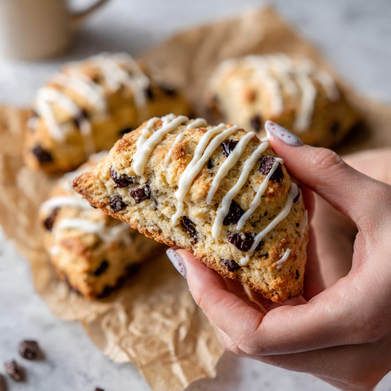 A close-up image shows a torn scone being held by a woman's hands with light-colored nail polish. The scone is golden brown with chunks of dark chocolate embedded throughout. The top is drizzled with white icing in diagonal lines. In the background, there are more scones with the same chocolate chunks and icing placed on crumpled parchment paper over a white marbled surface. Photo taken with an iphone --ar 4:5 --v 7