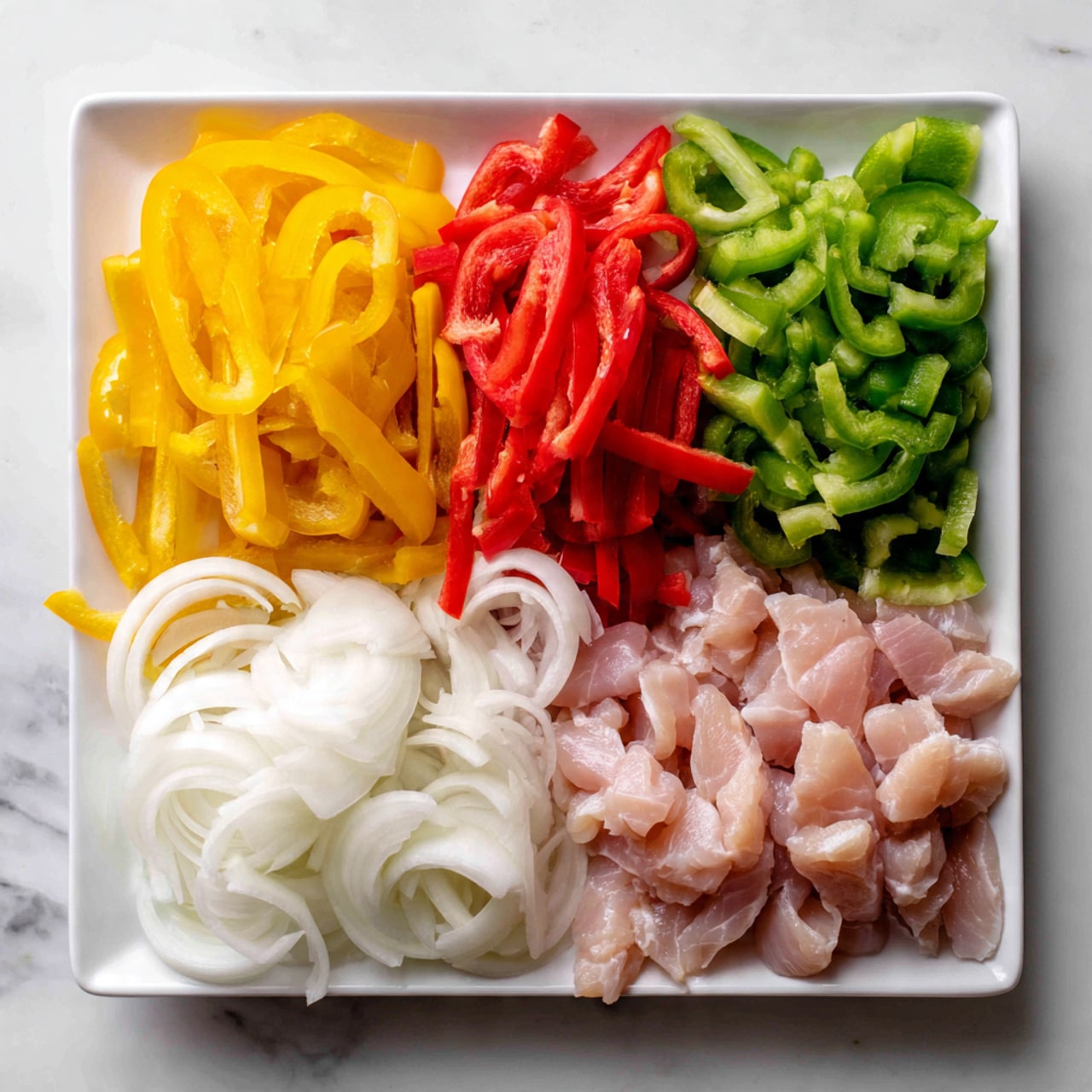 A white rectangular tray with five groups of sliced ingredients neatly placed in rows. On the left, bright yellow bell pepper slices form the first row, followed by vibrant red bell pepper slices below them. Next to the yellow peppers, there is a pile of white onion slices with a smooth texture. To the right of the onions, fresh green bell pepper slices are stacked, showing a slightly shiny surface. On the far right, there are pale pink raw chicken strips arranged uniformly. The tray is placed on a white marbled surface. photo taken with an iphone --ar 4:5 --v 7