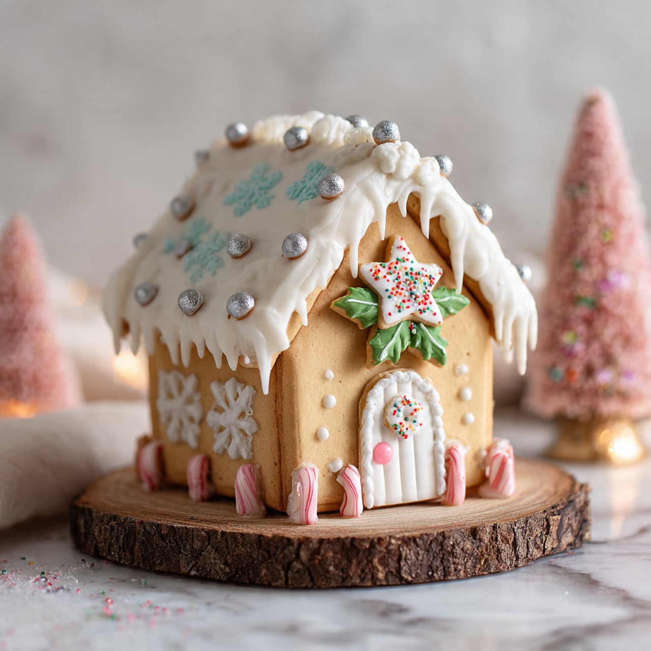 This image shows a set of baked gingerbread pieces arranged neatly on a white marbled surface. There are two large rectangular pieces in the center, two smaller rectangular pieces stacked at the bottom left, and two triangular roof-like pieces at the bottom right. On the left side, there are two small squares and two crown-shaped pieces with notches, all lined up vertically. Each piece has a light brown color with a slightly rough texture, typical of baked gingerbread. The arrangement is clear and simple, showing the parts that will be used to build a gingerbread house photo taken with an iphone --ar 4:5 --v 7