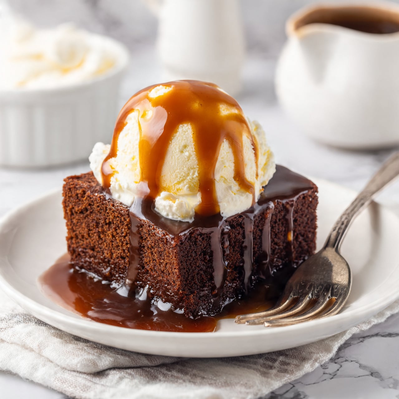 A metal baking pan filled with 15 square pieces of dark brown sticky cake, with one piece taken out near the center showing the soft texture inside, all pieces have small holes on top with shiny syrup drizzled over them. Next to it, a white plate holds one square piece of cake with syrup shining on the surface and a silver fork resting on the plate. Below the pan, a white round cup containing more syrup with a spoon inside is visible. On the right side, a white plate has a partially eaten piece of cake with a fork resting on it. Everything is placed on a white marbled surface with a beige cloth visible in the top right corner. photo taken with an iphone --ar 4:5 --v 7