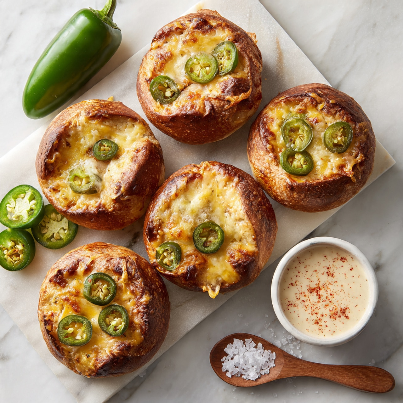 The image shows six small pretzel buns, each topped with a thick layer of melted golden cheddar cheese and several green jalapeño slices scattered on top. The buns have a shiny, slightly browned surface from baking, with some cheese melted off the sides. Two whole green jalapeños and a halved jalapeño are placed on the left side of the white marbled surface. On the right side, a small white bowl holds a creamy sauce sprinkled with red chili powder, and a small wooden spoon with coarse sea salt is also visible. photo taken with an iphone --ar 4:5 --v 7