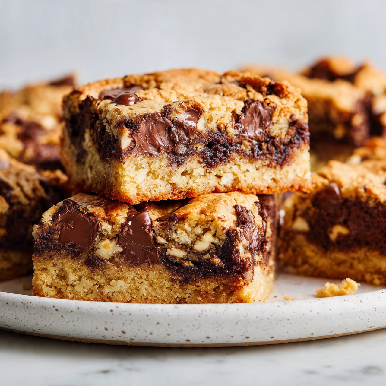A rectangular tray lined with light brown parchment paper holds a batch of chocolate chip cookie bars cut into eight thick pieces arranged in two rows of four. The cookie bars have a light golden brown color with visible chocolate chips scattered throughout, displaying a slightly cracked, soft texture on top. The tray rests on a dark wooden board, with a silver knife showing crumbs and chocolate residues lying beside it. The background features a white marbled surface. photo taken with an iphone --ar 4:5 --v 7