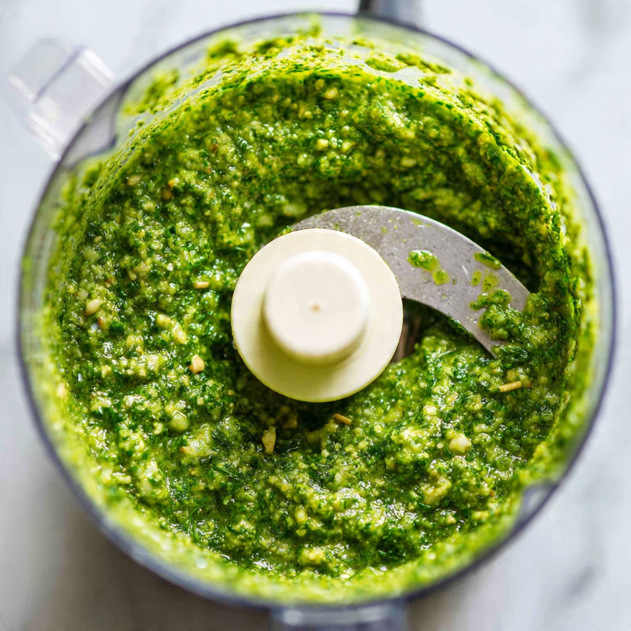 The image shows a close-up of fresh green pesto sauce inside a clear glass food processor bowl. The pesto has a chunky, slightly oily texture with visible small bits of herbs and nuts, forming a bright green, uneven surface. The white center blade of the food processor stands upright in the right part of the bowl, surrounded by the green mixture. The background shows a white marbled surface, slightly blurred to keep focus on the pesto inside the bowl. photo taken with an iphone --ar 4:5 --v 7