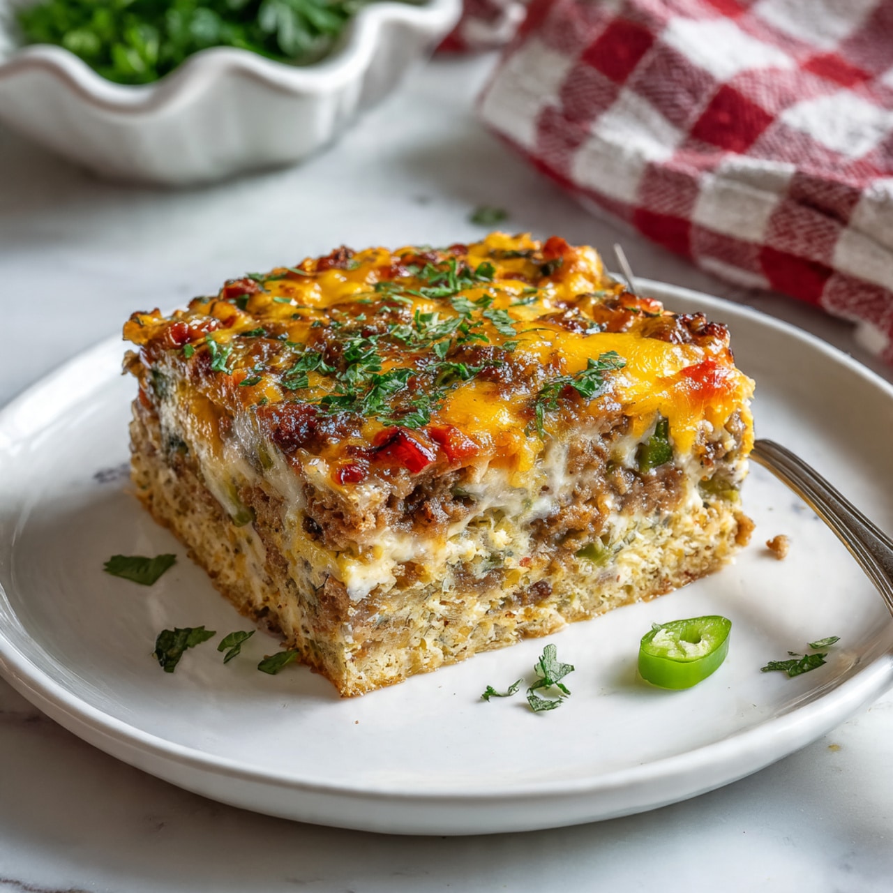 A square piece of layered breakfast casserole sits on a white plate, placed on a white marbled surface. The dish has three visible layers: the bottom layer is a light golden, textured base; the middle layer consists of mixed vegetables and sausage chunks, showing colors of brown, red, green, and bits of white; the top layer is melted cheese mixed with more vegetables and herbs, with a glossy, slightly browned finish and fresh green leaves sprinkled on top. A small green vegetable piece lies near the casserole on the plate, and a silver fork rests partially in the corner. In the background, a scalloped white bowl with green herbs and a red and white checkered cloth are slightly blurred. Photo taken with an iphone --ar 4:5 --v 7