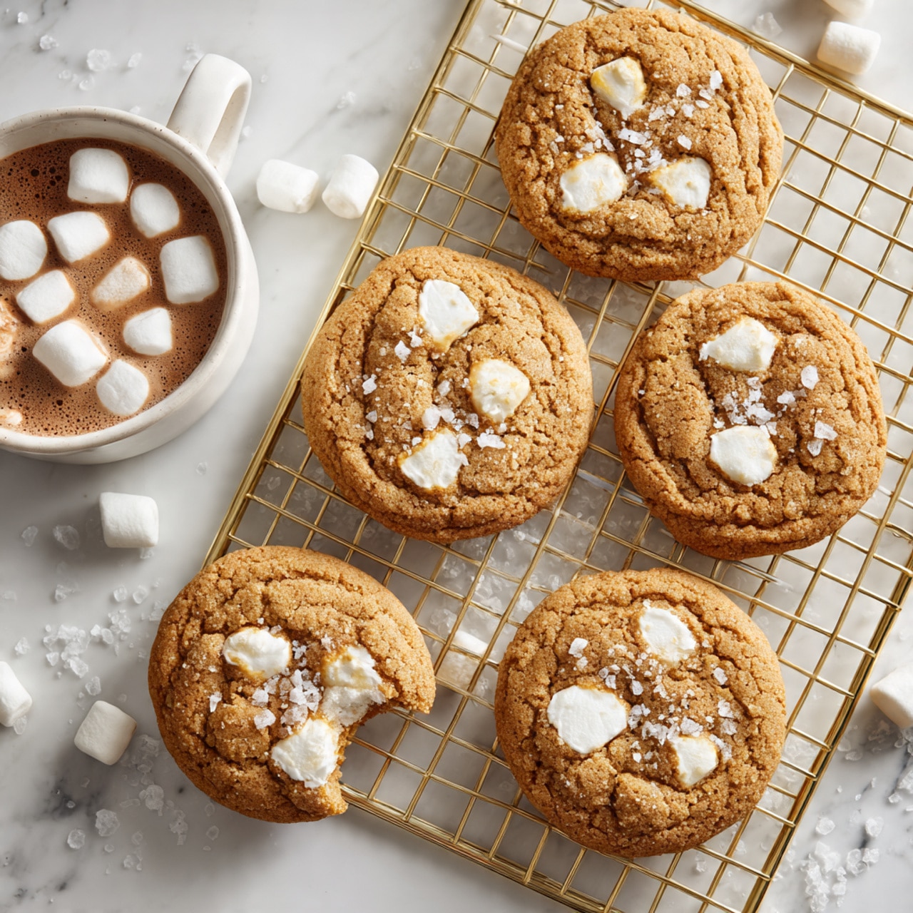 The image shows eight soft, round cookies with a light golden brown color laid out on a gold wire cooling rack. Each cookie has a slightly rough texture with uneven surfaces and is embedded with white marshmallow patches that look soft and slightly melted. Some cookies have a sprinkling of coarse salt crystals on top. One cookie near the center left has a bite taken from it, revealing a chewy inside with marshmallow. The background is a white marbled surface scattered with small white mini marshmallows and cookie crumbs. In the bottom left corner, there is a white ceramic mug filled with hot chocolate topped with many floating mini marshmallows. Photo taken with an iphone --ar 4:5 --v 7