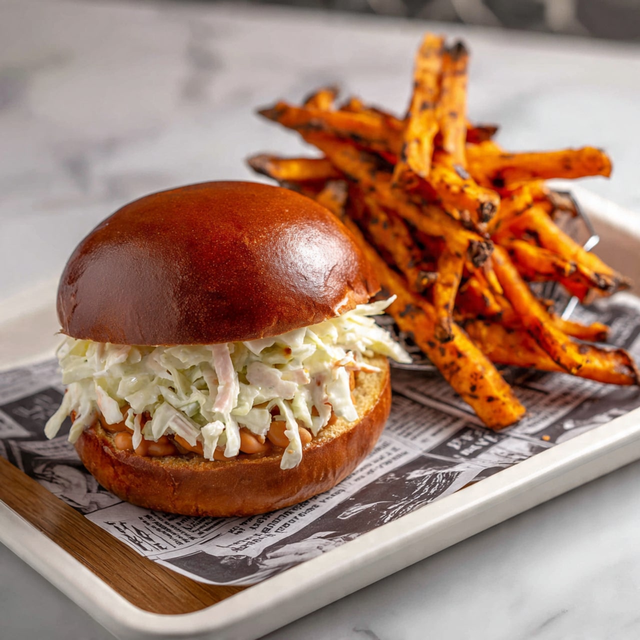 A sandwich with a shiny, smooth brown bun on top, filled with a layer of baked beans and a thick layer of white creamy coleslaw underneath the top bun, resting on a white square tray lined with black and white newspaper print paper. Next to the sandwich is a pile of golden to dark orange sweet potato fries with some darker spots. The background shows a white marbled surface. photo taken with an iphone --ar 4:5 --v 7