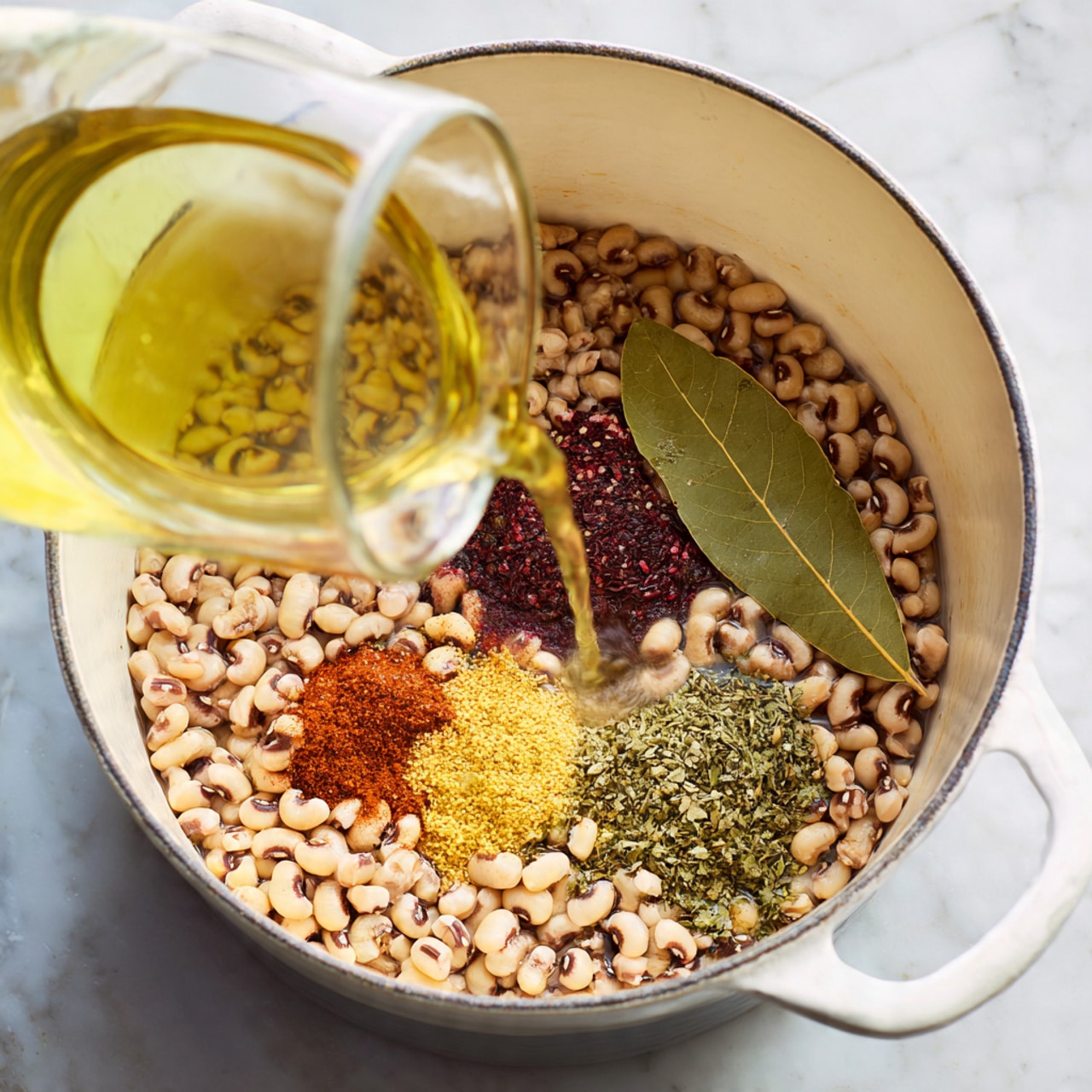 Inside a large white pot filled mostly with pale beige black-eyed peas with dark spots, there are four small piles of spices: a rust-red powder near the center, a yellow-green dried herb to the right, a dark green dried herb below that, and a smaller rust-red powder near the bottom right. A dried light brown bay leaf sits on top towards the middle. A transparent jug is pouring light yellow liquid into the pot from the left. The pot rests on a white marbled surface photo taken with an iphone --ar 4:5 --v 7