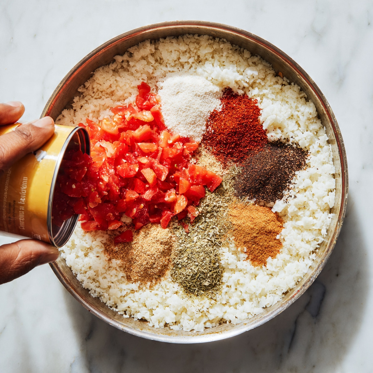 A silver pan sits on a white marbled surface filled with a base layer of crushed white cauliflower rice. On top of the rice, several piles of spices are placed separately: a dark reddish-brown one, a smaller medium reddish-brown one, a lighter brown one, a black peppery one, and some green dried herbs. A woman's hand is seen pouring a small pile of bright red diced tomatoes from a yellow can onto the left side of the cauliflower rice. The scene focuses on the mix of bright, natural colors and different textures inside the pan. photo taken with an iphone --ar 4:5 --v 7