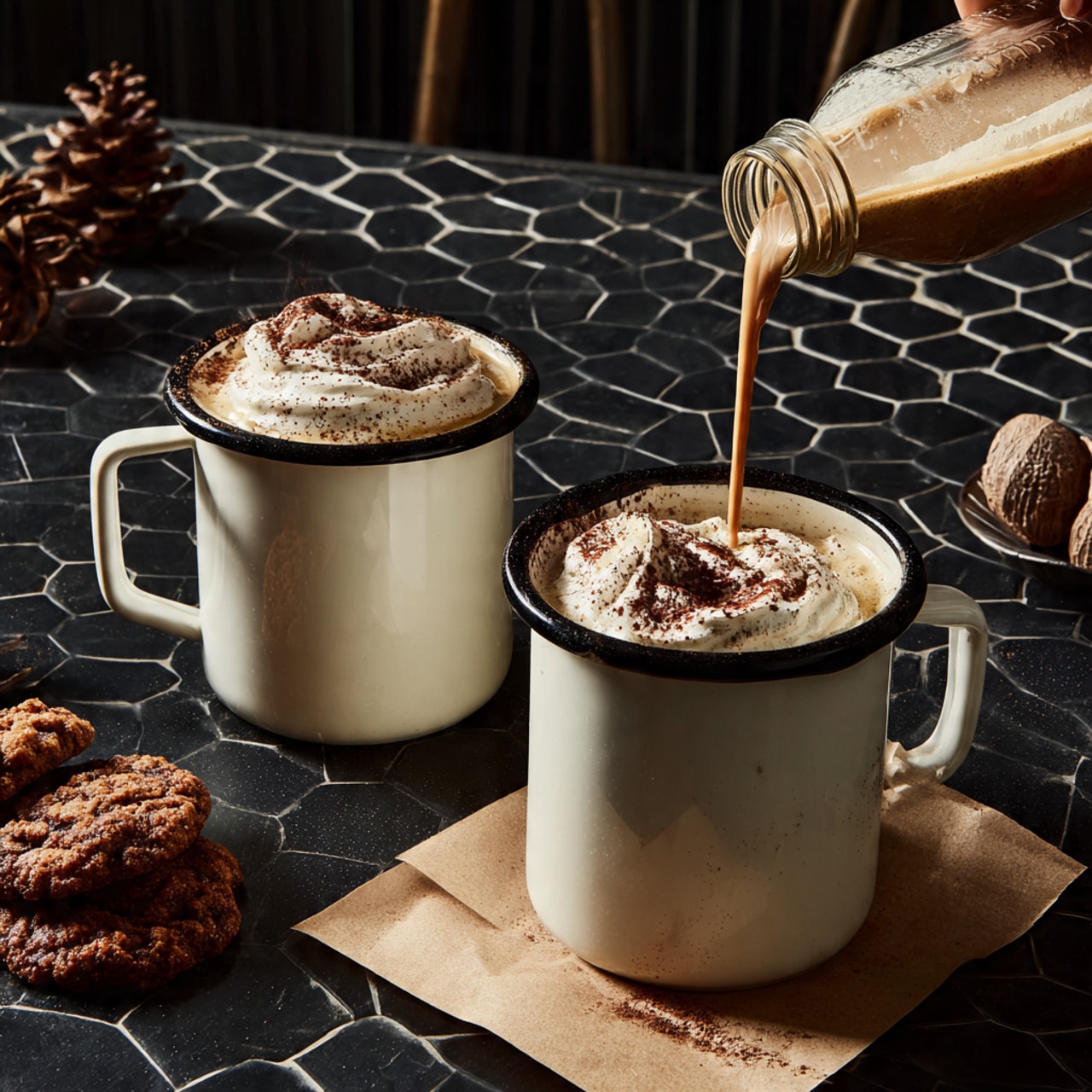 A white mug with a black rim holds light brown coffee with cream being poured into it, creating swirling patterns on the surface; a black straw is placed upright inside the mug on the right side. The mug sits on a dark surface with pine cones and some blurred brown cookies in the background, while the overall scene is set on a white marbled texture. Photo taken with an iphone --ar 4:5 --v 7
