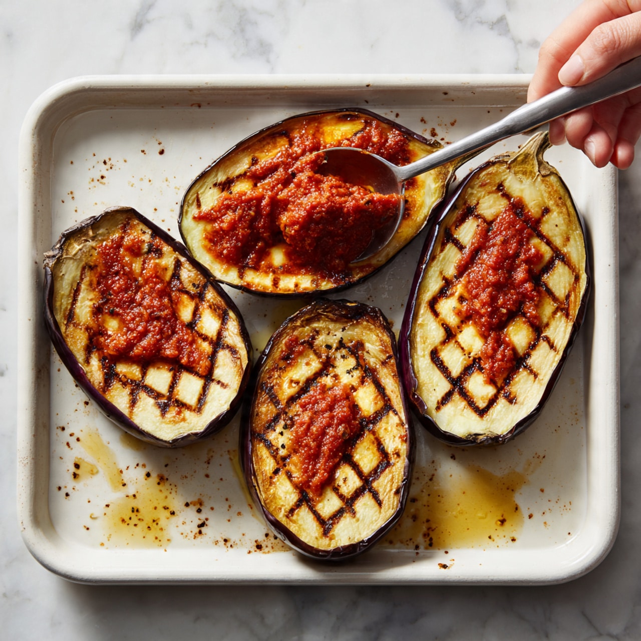 The image shows a white tray with four halved grilled eggplants placed side by side. Each eggplant half is scored with diamond-shaped cuts on the light cream inner flesh that looks soft and cooked, while the skin is deep purple and charred with dark grill marks. A woman's hand holding a large metal ladle is spreading a thick, chunky red tomato sauce on the two eggplant halves on the left, while the two on the right remain without sauce. The white tray has some brown roasted spots and oil stains around the eggplants. The tray is set on a white marbled surface. photo taken with an iphone --ar 4:5 --v 7