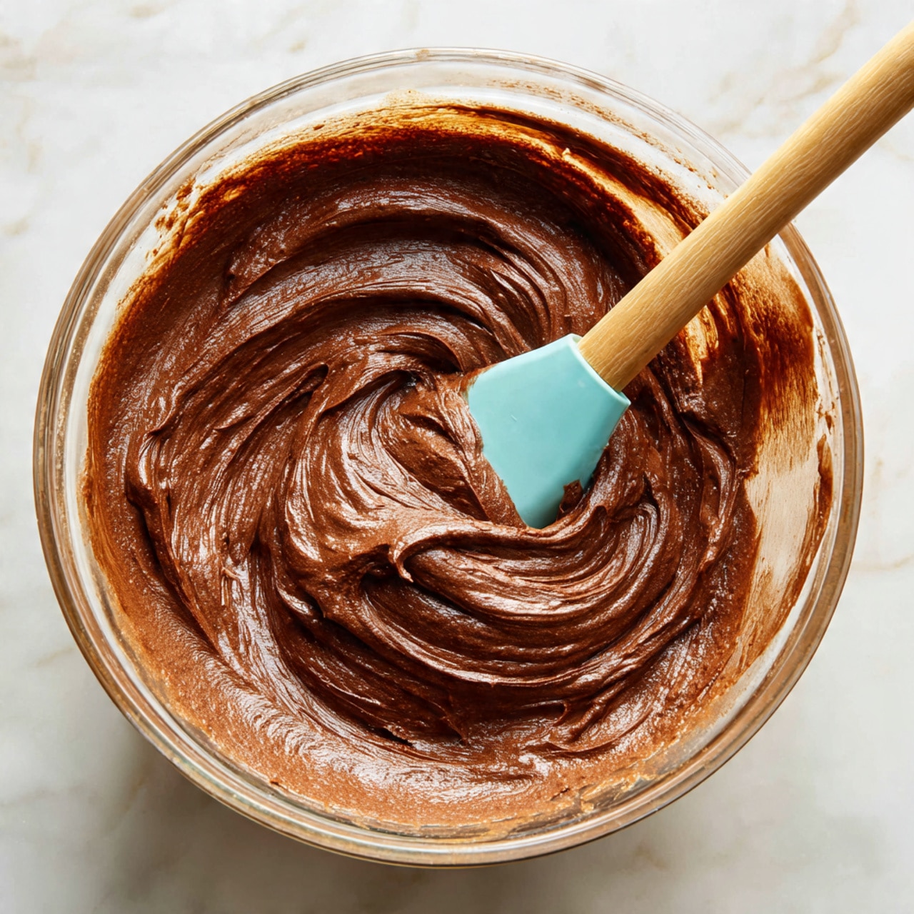A clear glass bowl filled with smooth, thick chocolate batter showing swirled texture on the surface, held by a pale blue spatula with a light brown wooden handle stirring inside. The chocolate batter is a rich brown color and creamy in texture, creating soft folds and waves within the bowl. The bowl rests on a white marbled surface, and the image is closely focused on the batter and spatula, showing a detailed look at the mixture. Photo taken with an iphone --ar 4:5 --v 7