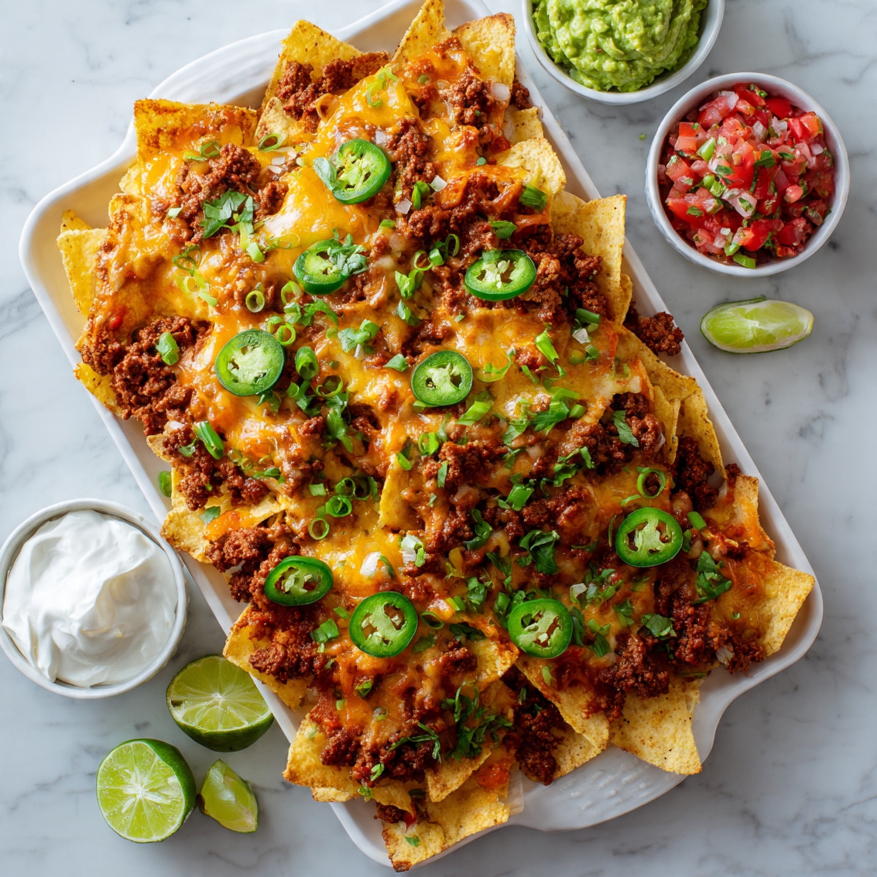 A white tray holds a large pile of nachos made of light yellow tortilla chips layered with melted orange and white cheese and browned ground meat spread evenly. On top, there are sliced green jalapeño peppers and chopped green onions scattered across the nachos. Around the tray, there are lime wedges placed on a white marbled surface. At the top edge, three small white bowls contain green guacamole, red diced tomato salsa with green herbs, and white sour cream. The photo taken with an iphone --ar 4:5 --v 7