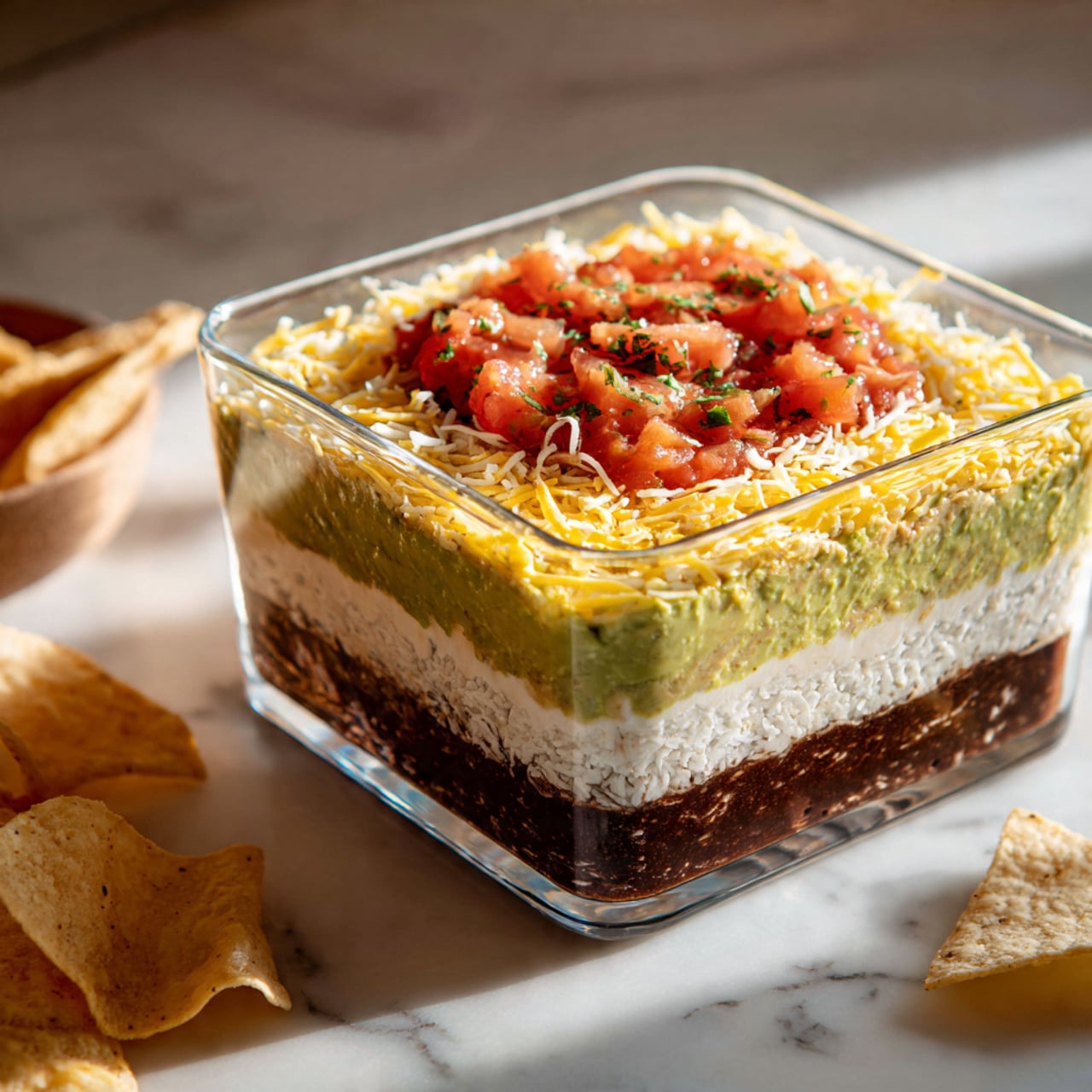 A clear square glass dish holds a seven-layer dip with distinct horizontal layers. The bottom layer is dark brown and smooth, followed by a thick white creamy layer. Above this is a green layer of mashed avocado, then a thin layer of white shredded cheese. On top of the cheese is a thin layer of yellow corn kernels. The top layer is a chunky red tomato mix with small pieces of green herbs. The dish is placed on a white marbled surface with some light brown tortilla chips scattered nearby, and the background is softly blurred. Photo taken with an iphone --ar 4:5 --v 7