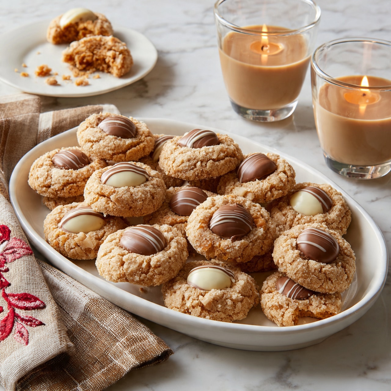 The image shows a large oval white plate filled with round thumbprint cookies. Each cookie has a golden-brown sugar-coated base layer with rough texture, topped in the center by either a smooth milk chocolate kiss or a white chocolate kiss with thin milk chocolate stripes. One cookie on the plate is bitten, revealing a soft, crumbly inside with white chocolate filling, and there are some cookie crumbs scattered around. Nearby, there is a small white plate with a broken cookie on it, two glasses with a light brown drink, a lit candle in a glass holder, and parts of a beige napkin with red embroidery and a brown and white checkered cloth, all placed on a white marbled surface. photo taken with an iphone --ar 4:5 --v 7