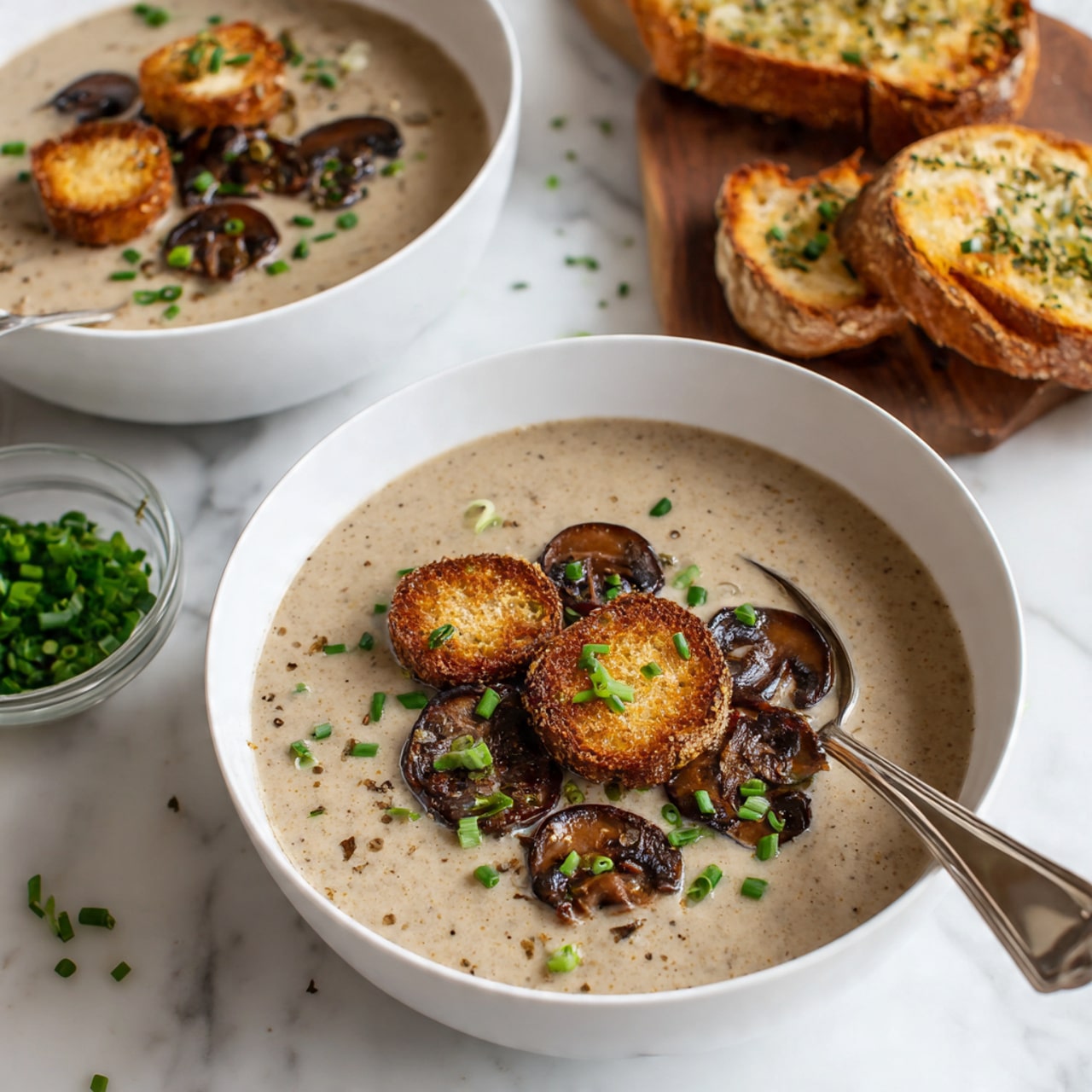 A large blue pot with a thick, yellowish soup base fills most of the image, sitting on a white marbled surface. On top of the soup, there are three distinct groups: two piles of finely chopped green herbs placed side by side on the left, and a small heap of light brown and beige shredded mushrooms in the center. A woman's hand is pouring white liquid from a clear container into the soup, creating a soft swirling texture where the liquid meets the soup. Photo taken with an iphone --ar 4:5 --v 7