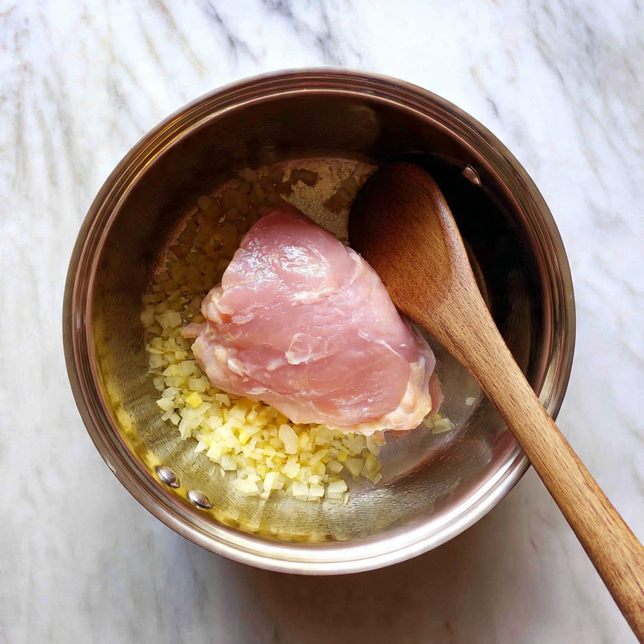 The image shows a shiny steel pot with one large pale pink raw chicken piece in the center, surrounded by a layer of light yellow chopped onions spread evenly at the bottom. A wooden spoon rests on the rim of the pot, partially inside, touching the chicken and onions. The inside of the pot reflects the ingredients, and the background is a white marbled texture. photo taken with an iphone --ar 4:5 --v 7