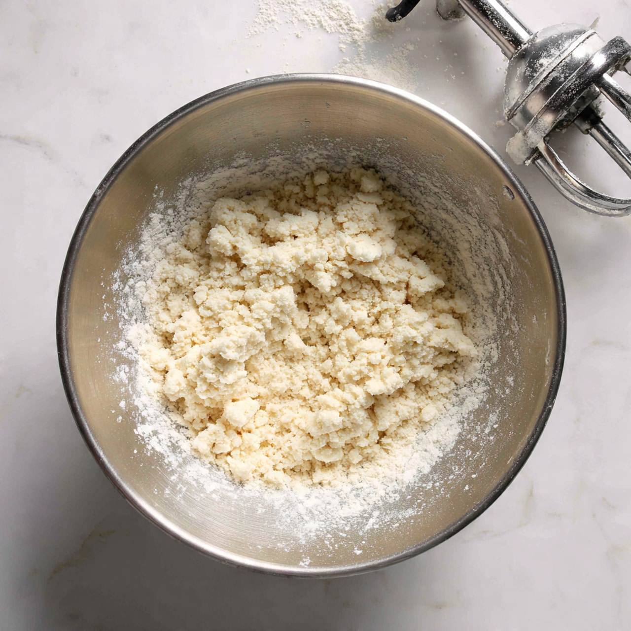 A silver metal bowl sits on a white marbled surface, filled with a pale yellow, crumbly dough mixture gathered in the center. The dough has a rough texture with small clumps that look soft and thick. Around the edges of the bowl, flour is lightly dusted and stuck to the sides. Above the bowl is a metal electric mixer with two beaters, coated with bits of the same dough, positioned slightly to the right. The scene shows the dough-making process in a clean, bright environment. photo taken with an iphone --ar 4:5 --v 7