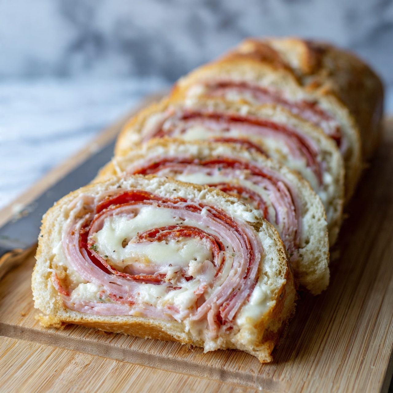 This image shows several slices of rolled bread filled with layers of thinly sliced pinkish-red meat and melted white cheese. Each slice has a golden-brown crust on the outside, with the bread inside looking soft and light beige. The slices are arranged close together on a wooden surface with a white marbled texture background. The melted cheese is slightly browned on top, adding a crispy texture, while the meat layers curl gently inside the bread roll. The focus is on a few pieces in front, with others softly blurred in the back. photo taken with an iphone --ar 4:5 --v 7