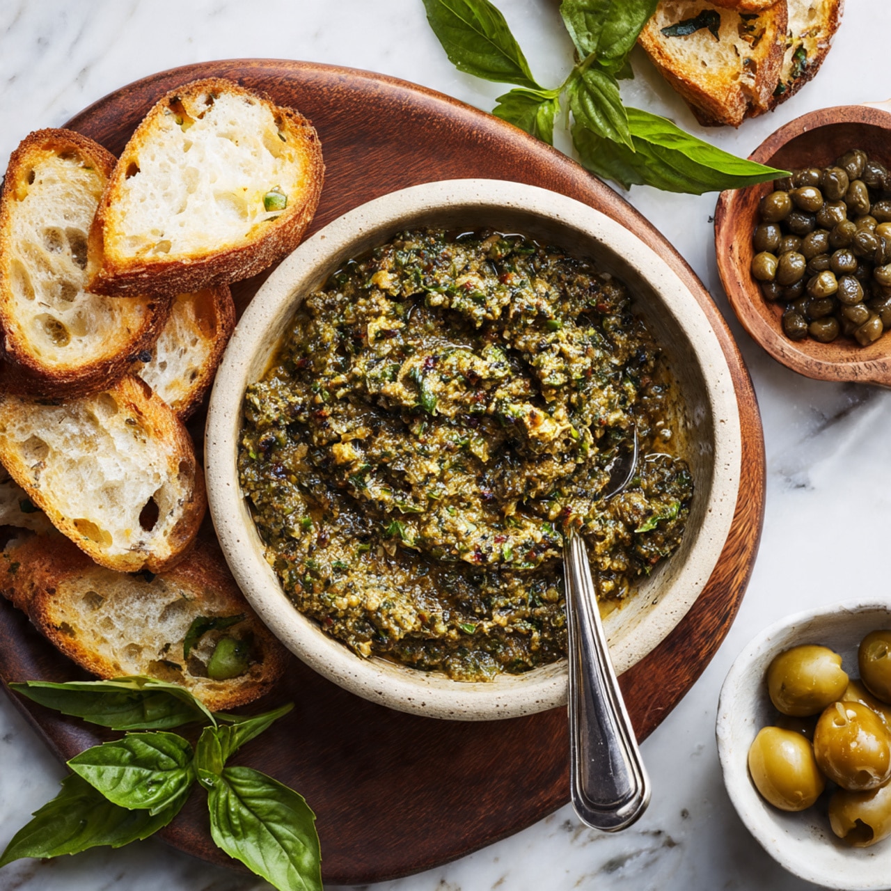 A close-up view of a bowl filled with green olive tapenade, chunky textured with small bits of olives and herbs, placed centrally on a wooden board. Around the bowl, there are several white toasted bread slices, some stacked and one topped with the green tapenade spread. To the upper right is a small wooden bowl with dark green capers, and to the lower right, a white bowl holds a few whole green olives. Fresh green basil leaves are scattered near the bowls on a white marbled surface. A silver spoon rests inside the tapenade bowl. Photo taken with an iphone --ar 4:5 --v 7