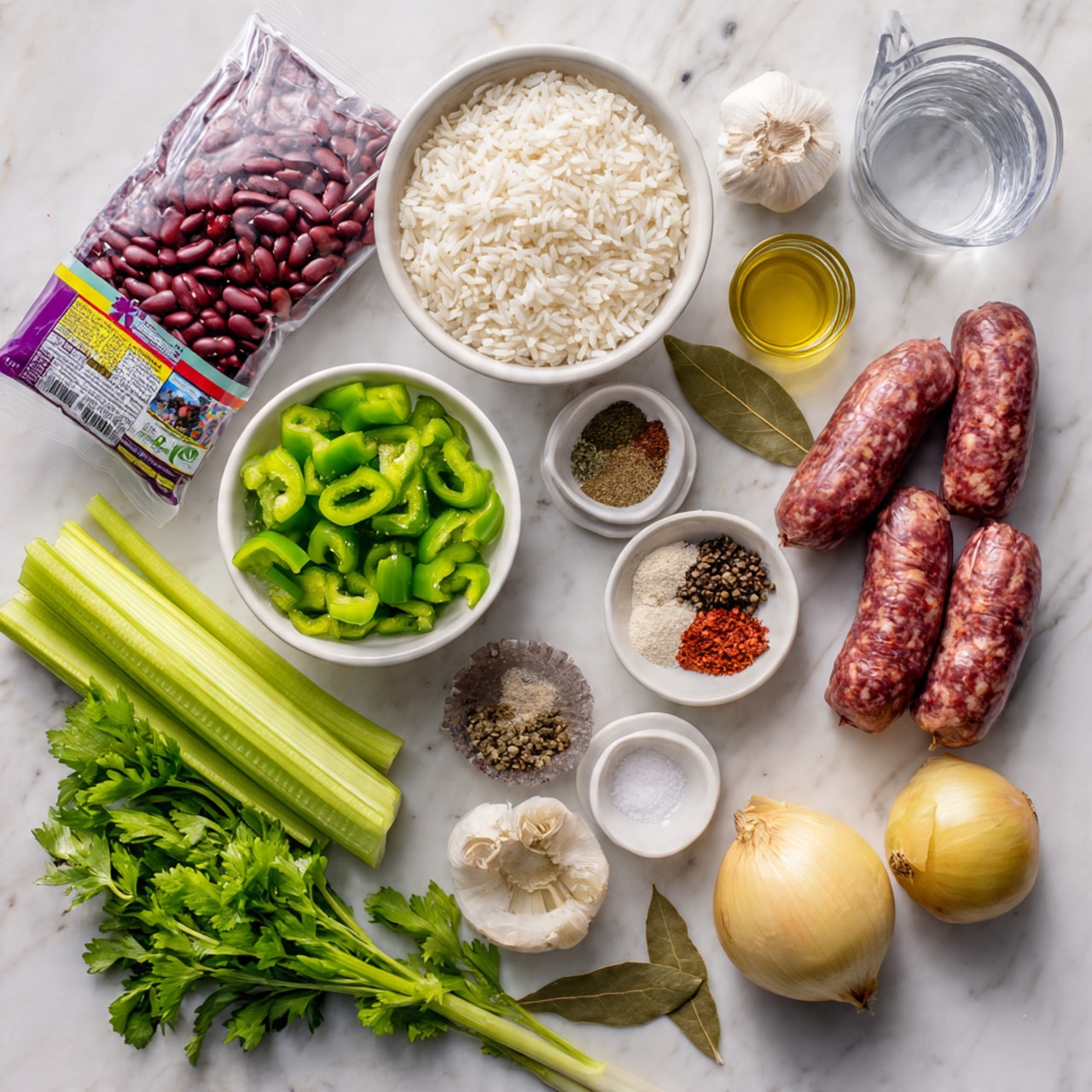 The image shows ingredients laid out on a white marbled surface, including a bag of small red beans in the top left and a coil of smoked sausage in red and purple packaging near the bottom right. There are chopped green bell peppers in a white bowl near the center, with another white bowl filled with white rice below it. Fresh celery stalks lie on the left, and fresh parsley with vibrant green leaves is placed below the rice bowl. Nearby are green onions to the right edge, a yellow onion, and a whole garlic bulb. Clear bowls containing olive oil and salt, along with a bowl of various spices and two bay leaves, are arranged neatly in the center. A glass measuring cup with water sits near the top right. Everything is organized in a clean and bright style, photo taken with an iphone --ar 4:5 --v 7