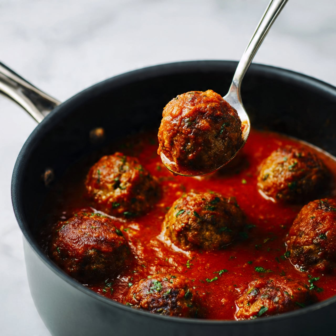 A shiny black pot is filled with a deep red tomato sauce, with several large round meatballs partially submerged inside. One meatball is lifted above the others on a silver spoon, showing a textured, slightly crispy brown surface mixed with shades of red sauce. The background is a white marbled texture, giving a clean and bright contrast to the dark pot and rich colors of the meatballs and sauce. photo taken with an iphone --ar 4:5 --v 7