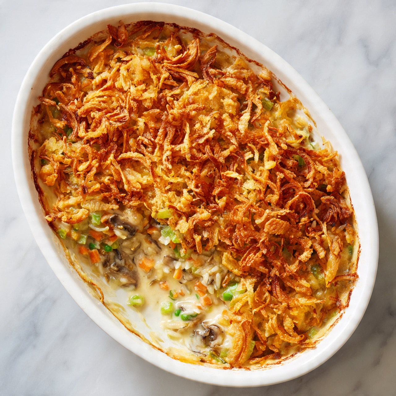 The dish is a creamy casserole in a white oval ceramic dish sitting on a white marbled surface. The top layer is a crispy, golden-brown mixture of fried onions scattered unevenly across the surface. Beneath this, there is a creamy layer filled with soft small pieces of orange carrots, green celery, and darker bits like mushrooms or wild rice, all mixed into a thick white sauce. A scoop has been taken out from one side, revealing the creamy, textured inside with visible chunks of vegetables and rice. The edges of the dish show some browning and a smooth glossy interior. photo taken with an iphone --ar 4:5 --v 7