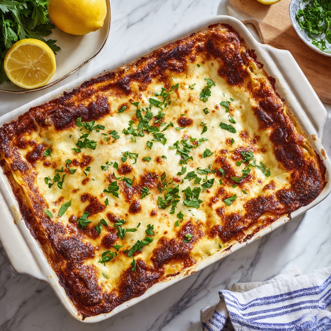 A white rectangular baking dish filled with a baked lasagna that has a top layer of golden brown melted cheese with dark toasted spots indicating a crispy texture. Scattered small green parsley pieces are sprinkled on top for color contrast. The lasagna's edges show slightly browned and bubbling cheese that curls over the sides. In the background, lemon halves and green herbs rest on a white marbled surface, along with a white and blue striped cloth nearby. Photo taken with an iphone --ar 4:5 --v 7