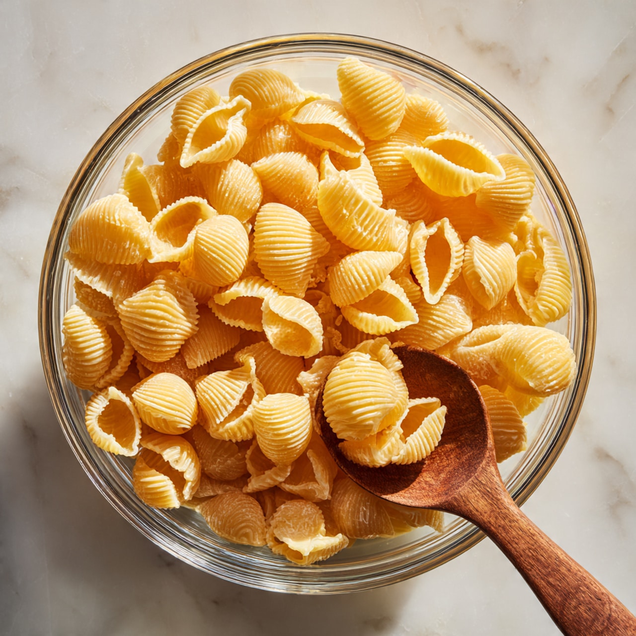 A clear glass bowl filled with many small shell-shaped pasta pieces cooked to a soft, light yellow color. The pasta has a ridged texture on the outside, and a hollow center, creating curved shells that overlap each other, filling the bowl almost to the top. Inside the bowl, a wooden spoon with a smooth handle is partially buried in the pasta, with the spoon part lifting some shells slightly. The bowl sits on a white marbled surface, adding subtle light patterns that contrast with the pasta's warm yellow tone. The lighting is soft and natural, highlighting the pasta’s texture and the bowl’s clarity. Photo taken with an iphone --ar 4:5 --v 7