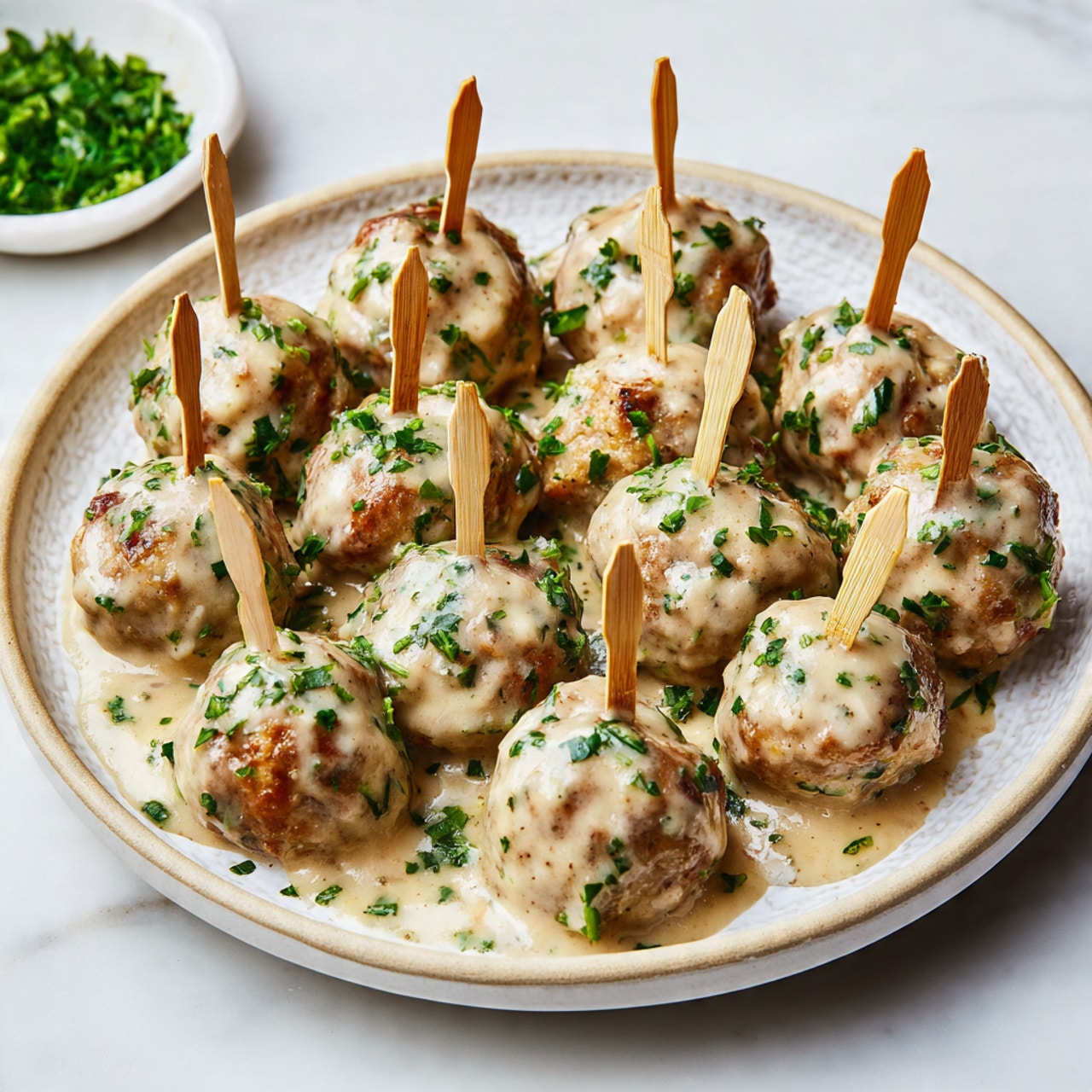 The image shows about twenty small round meatballs, each with a creamy light beige sauce coating, arranged closely together on a white plate with a textured rim. Each meatball has a light wooden stick poking upright from the center, and small green herb pieces are sprinkled over the meatballs and sauce. The plate rests on a white marbled surface, and a small white bowl filled with chopped green herbs is visible slightly blurred in the background. Photo taken with an iphone --ar 4:5 --v 7