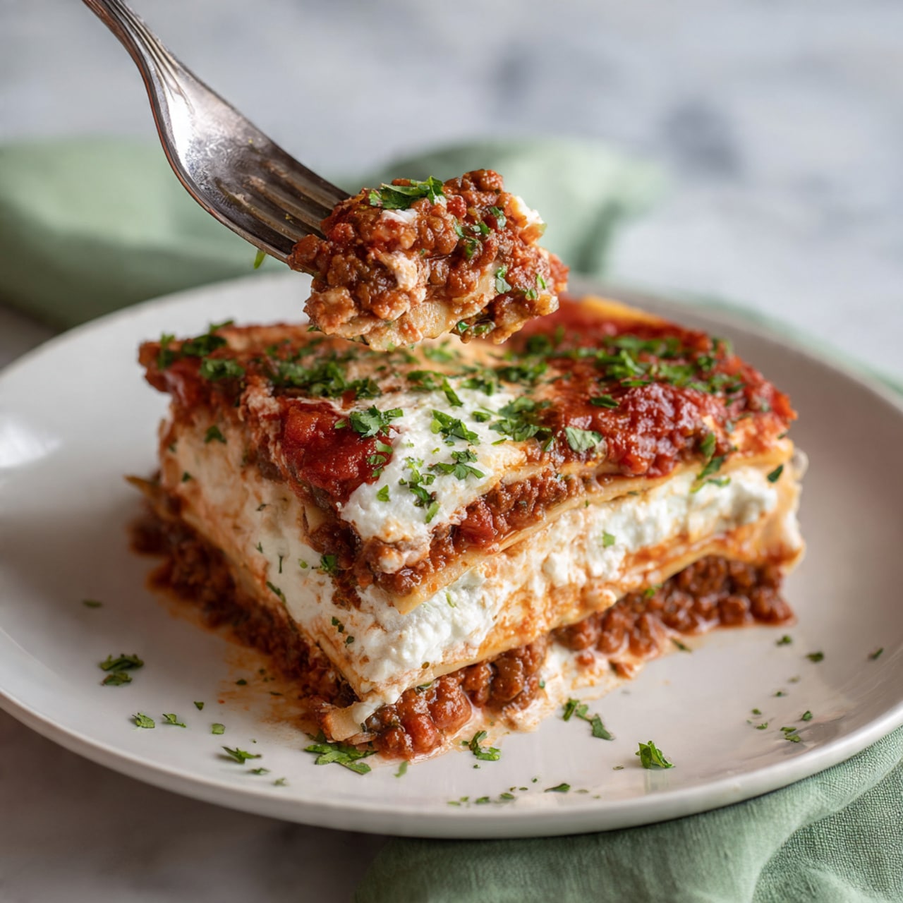 A white rectangular baking dish holds a freshly baked lasagna with four visible layers of pasta sheets. The top layer is fully covered with a rich red tomato sauce sprinkled with finely chopped green herbs. The edges show the soft texture of the pasta beneath the sauce. The baking dish is placed on a surface with a white marbled texture. photo taken with an iphone --ar 4:5 --v 7