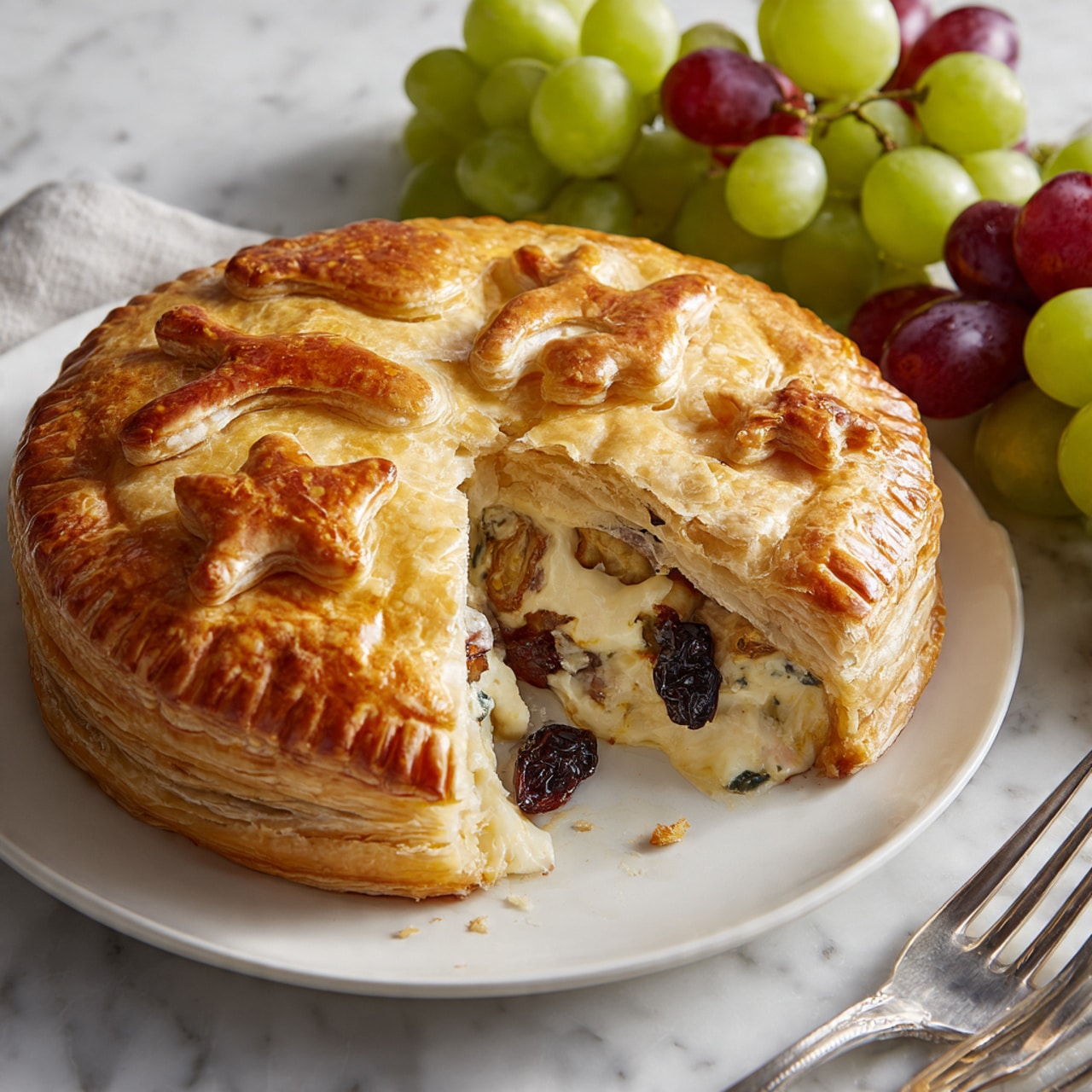 The image shows a golden brown puff pastry pie with a decorative top layer featuring cut-out shapes, placed on a white plate with a white marbled texture surface. The pie is partially opened, revealing a creamy pale yellow cheese filling with dark red dried fruit pieces inside. Surrounding the pie are bunches of green and red grapes on the right side, with a fork placed near them. The colors focus on warm golden browns of the pastry and vibrant purples and greens of the grapes, creating a fresh and inviting look. photo taken with an iphone --ar 4:5 --v 7