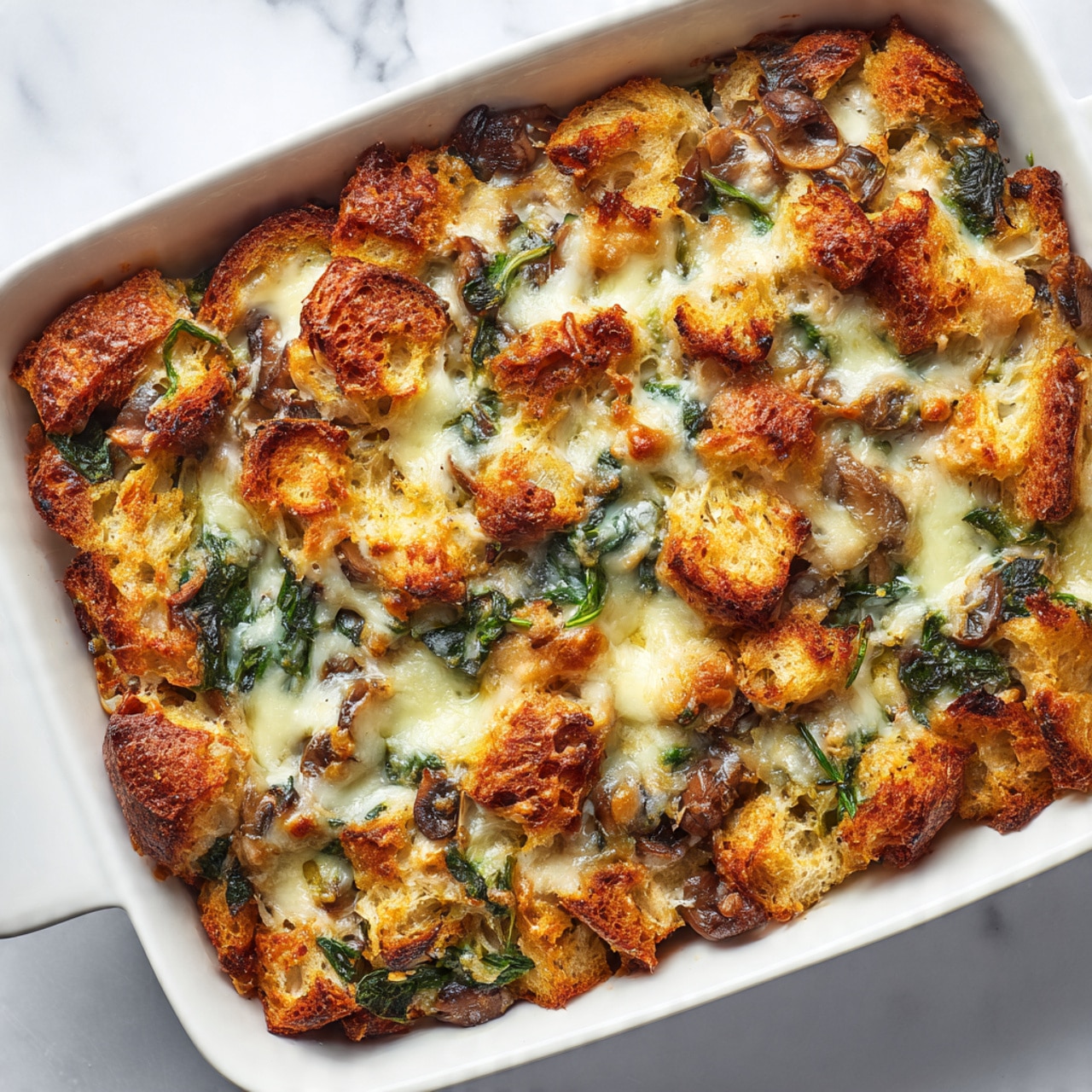 The image shows a white baking dish with a casserole inside, where a piece has been removed revealing the layers. The casserole has a base of thick, bread-like texture with light golden brown spots. There are visible pieces of mushrooms and dark green spinach mixed within the bread layer. The top layer is covered with melted cheese, lightly browned in spots, which adds a slightly crispy texture on top. The white marbled surface is slightly visible under the baking dish. photo taken with an iphone --ar 4:5 --v 7
