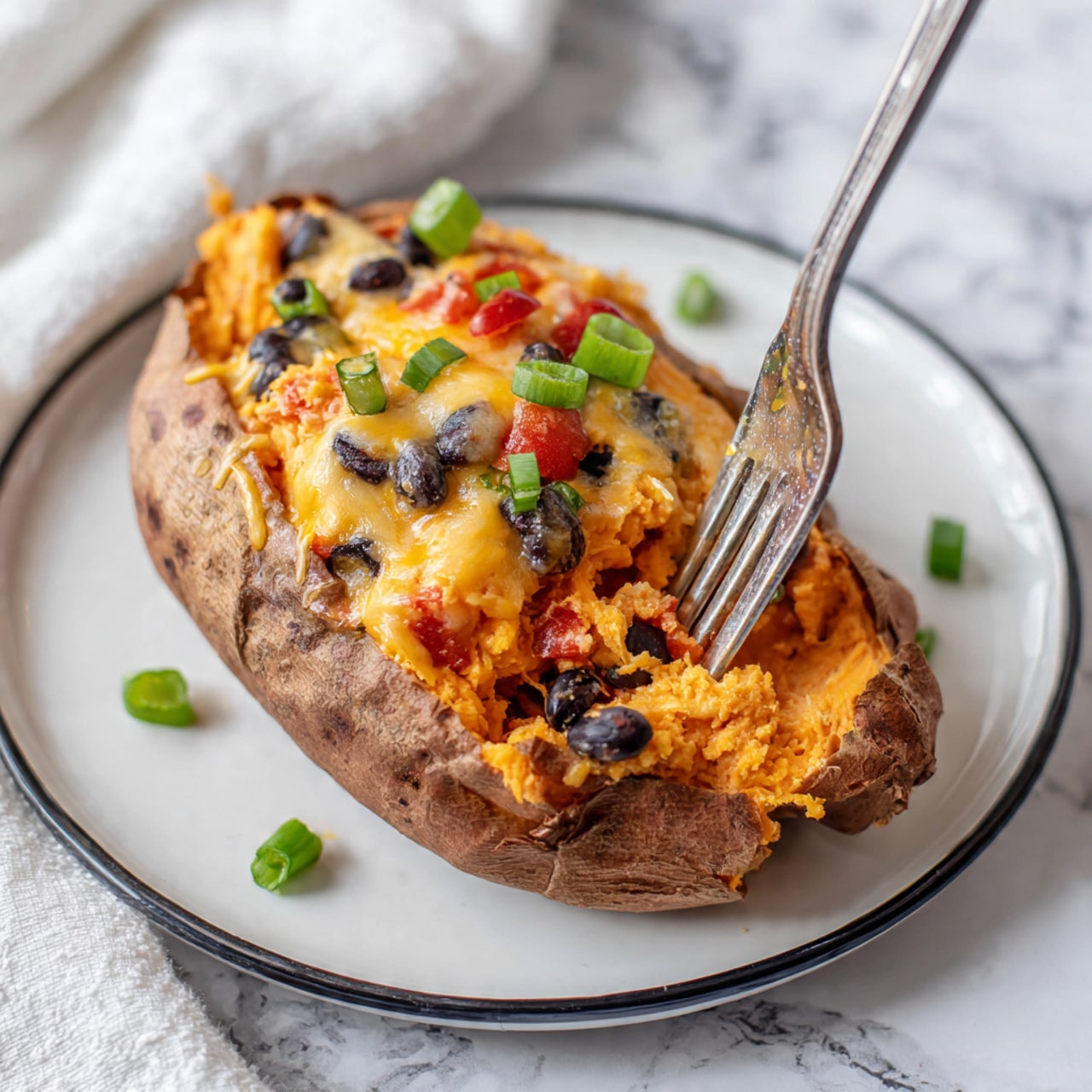 A baked sweet potato is split open and the inside is filled with a mix of orange mashed sweet potato, black beans, small red tomato pieces, and melted bright orange cheese on top. The filling is sprinkled with green onion slices, adding a fresh touch. The potato skin looks soft brown and slightly wrinkled, sitting on a white plate with a thin black border, all placed on a white marbled surface. A fork is digging into the filling from the right side. Photo taken with an iphone --ar 4:5 --v 7