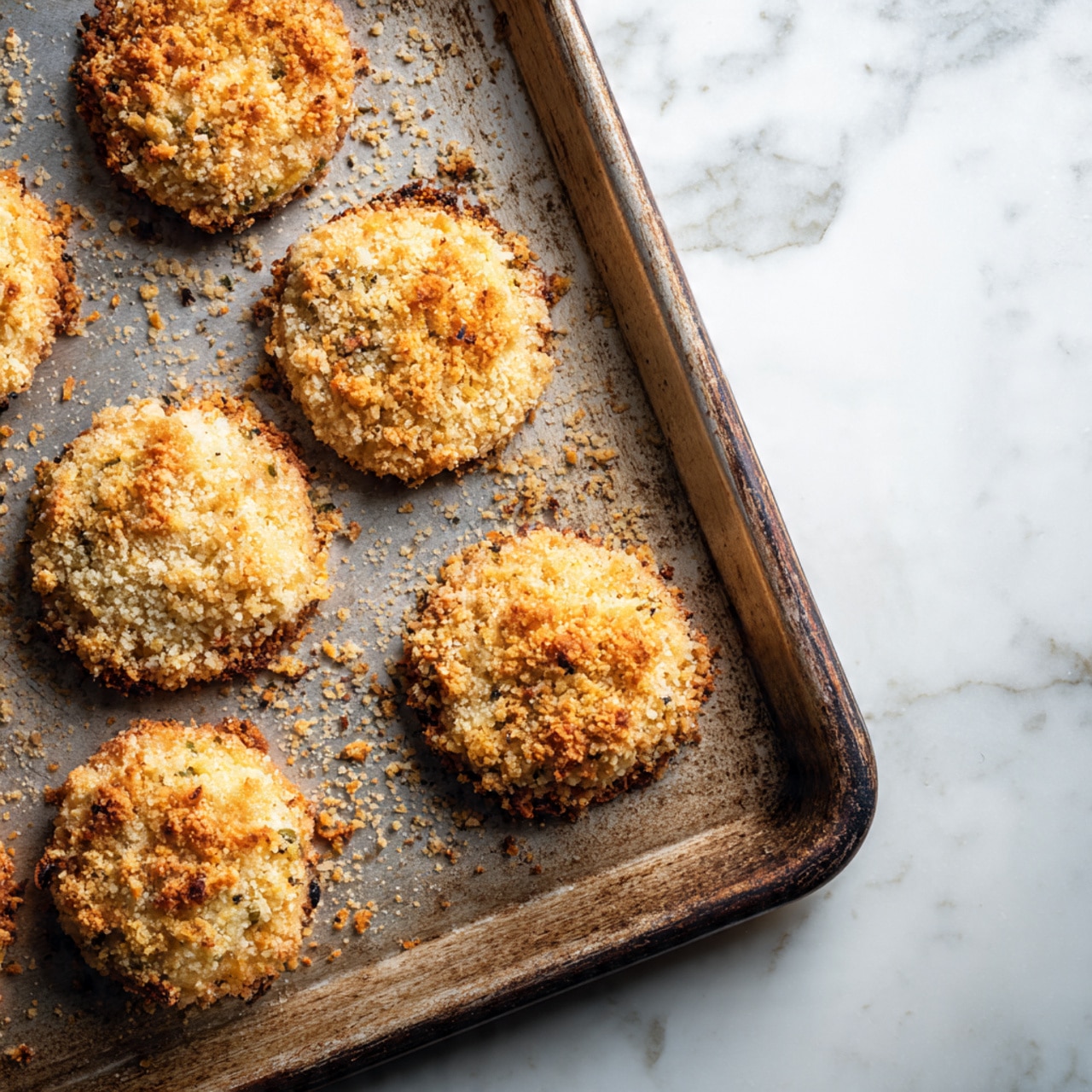 The image shows several small, round food pieces placed on a baking tray with a textured surface. Each piece is covered with a rough layer of crushed crackers or nuts, giving them a crunchy, golden-brown color. The pieces are uneven in shape but roughly bite-sized, and some crumbs are scattered around them on the tray. The background features a white marbled texture. The photo taken with an iphone --ar 4:5 --v 7